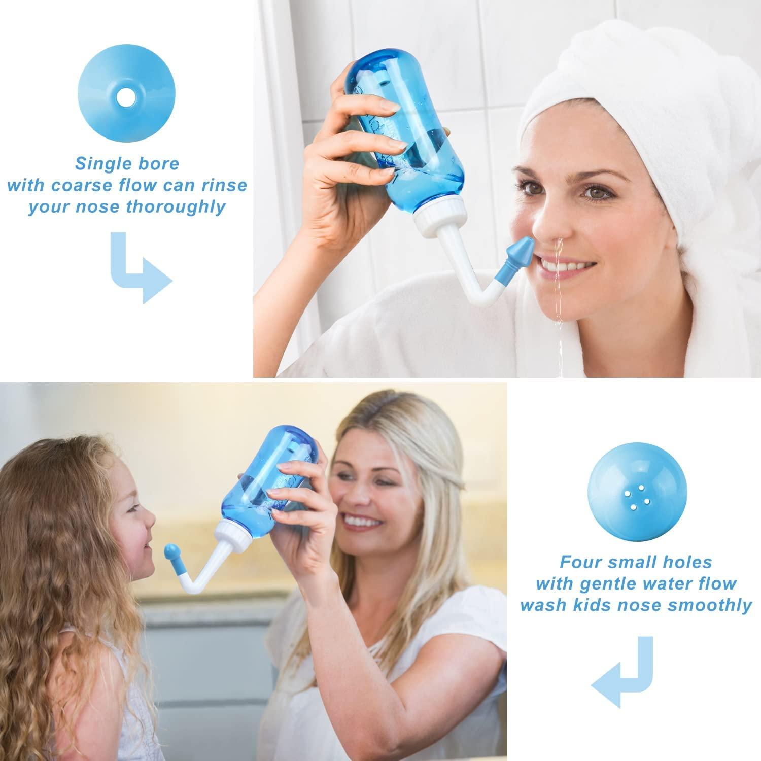 Neti Pot Sinus Rinse Bottle Nose Wash Cleaner Pressure Rinse Nasal  Irrigation for Adult & Kid BPA Free 300 ML with 30 Nasal Wash Salt Packets  and Sticker Thermometer(Blue)
