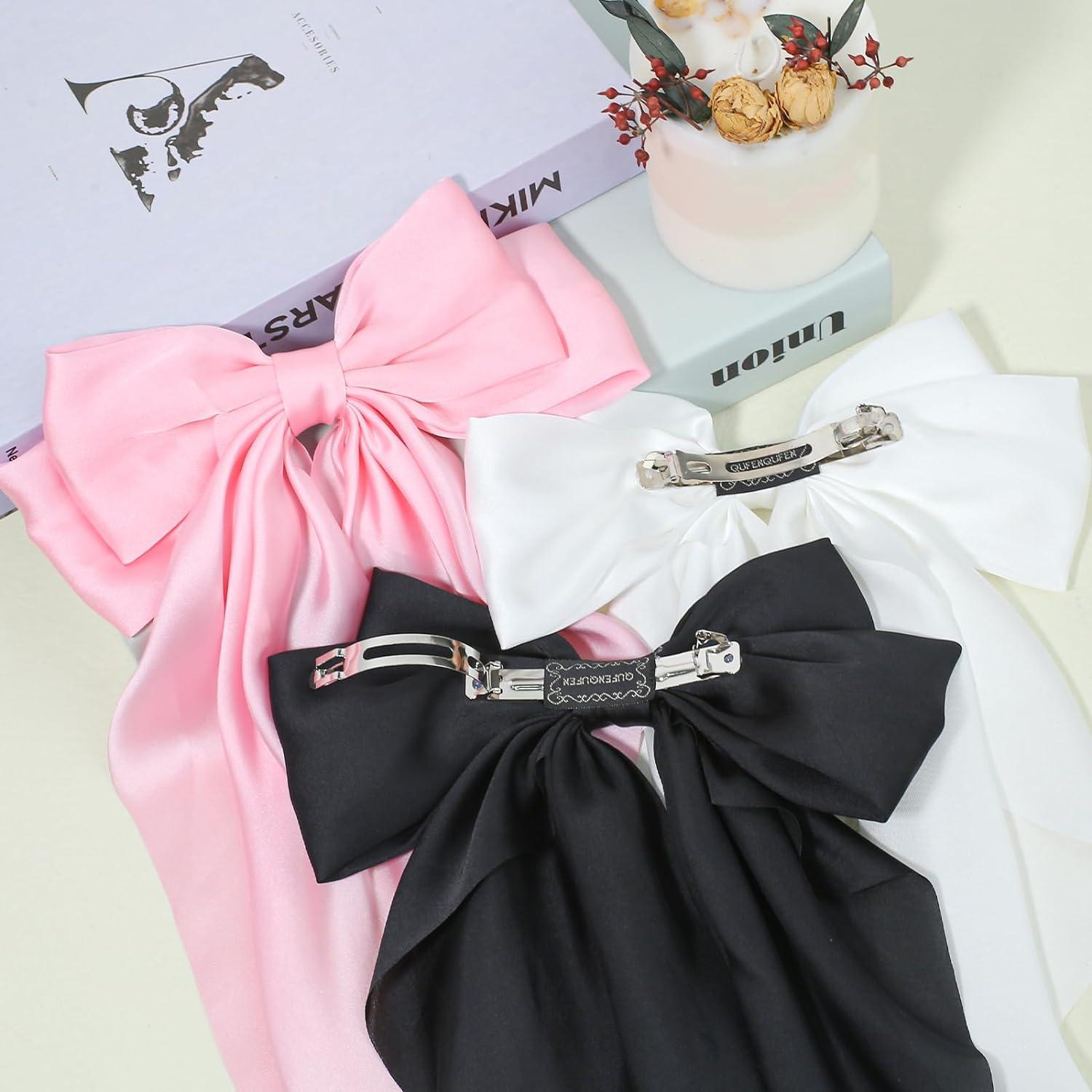 Silky Satin Hair Bows 3 PCS Big Black White Pink Bowknot Set Metal Spring Clip Oversized Long Tail Hair Ribbons Ponytail Holder French Barrettes Hair