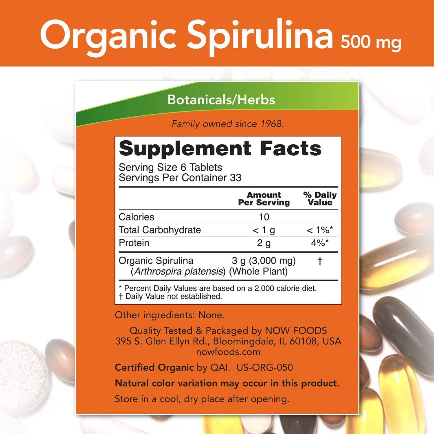 Now Foods Certified Organic Spirulina 500 mg 200 Tablets