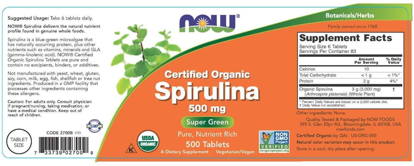 Now Foods Certified Organic Spirulina 500 mg 500 Tablets
