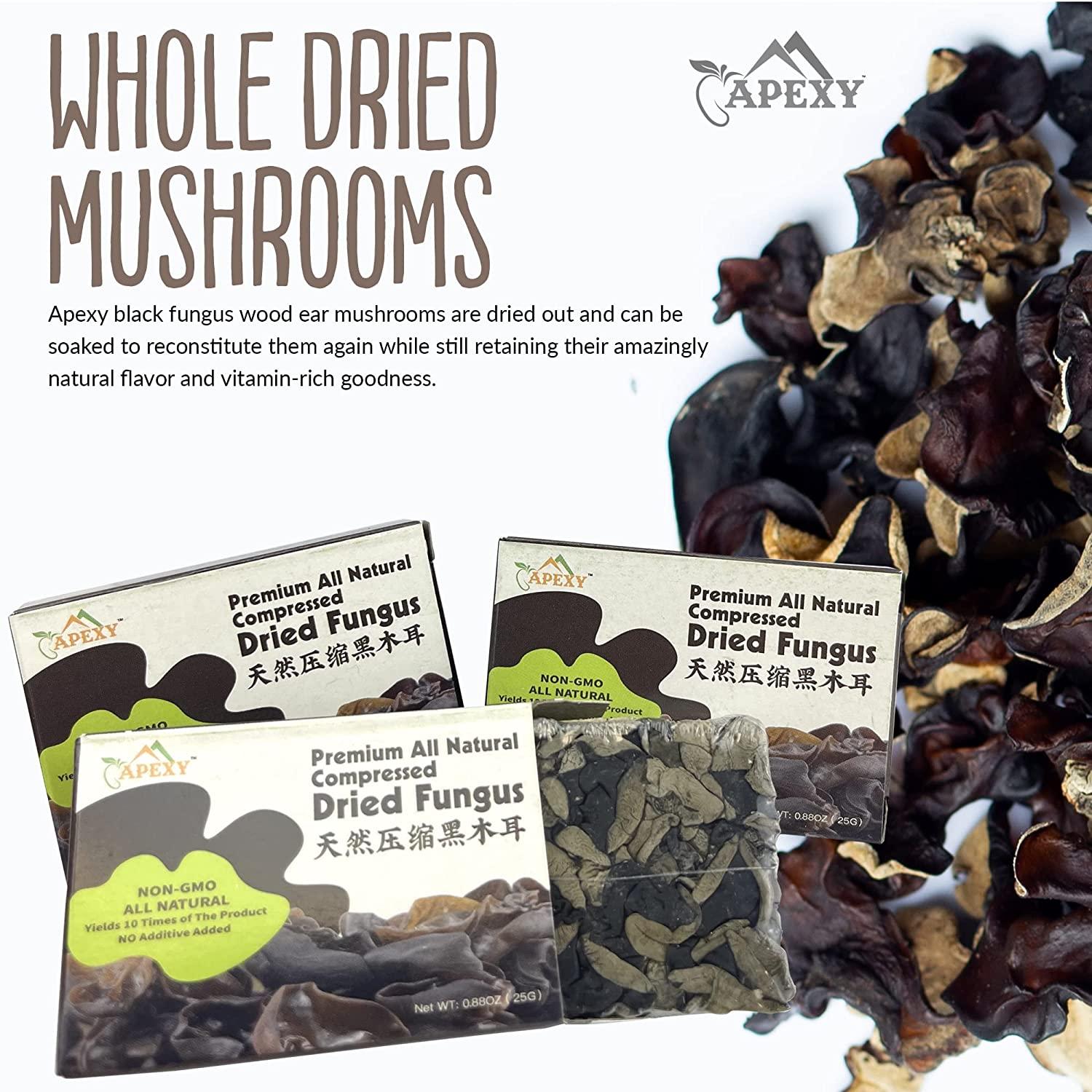 Apexy Premium Dried Black Fungus (Wood Ear Mushroom) 8.8 Oz All Natural & Compressed 10x