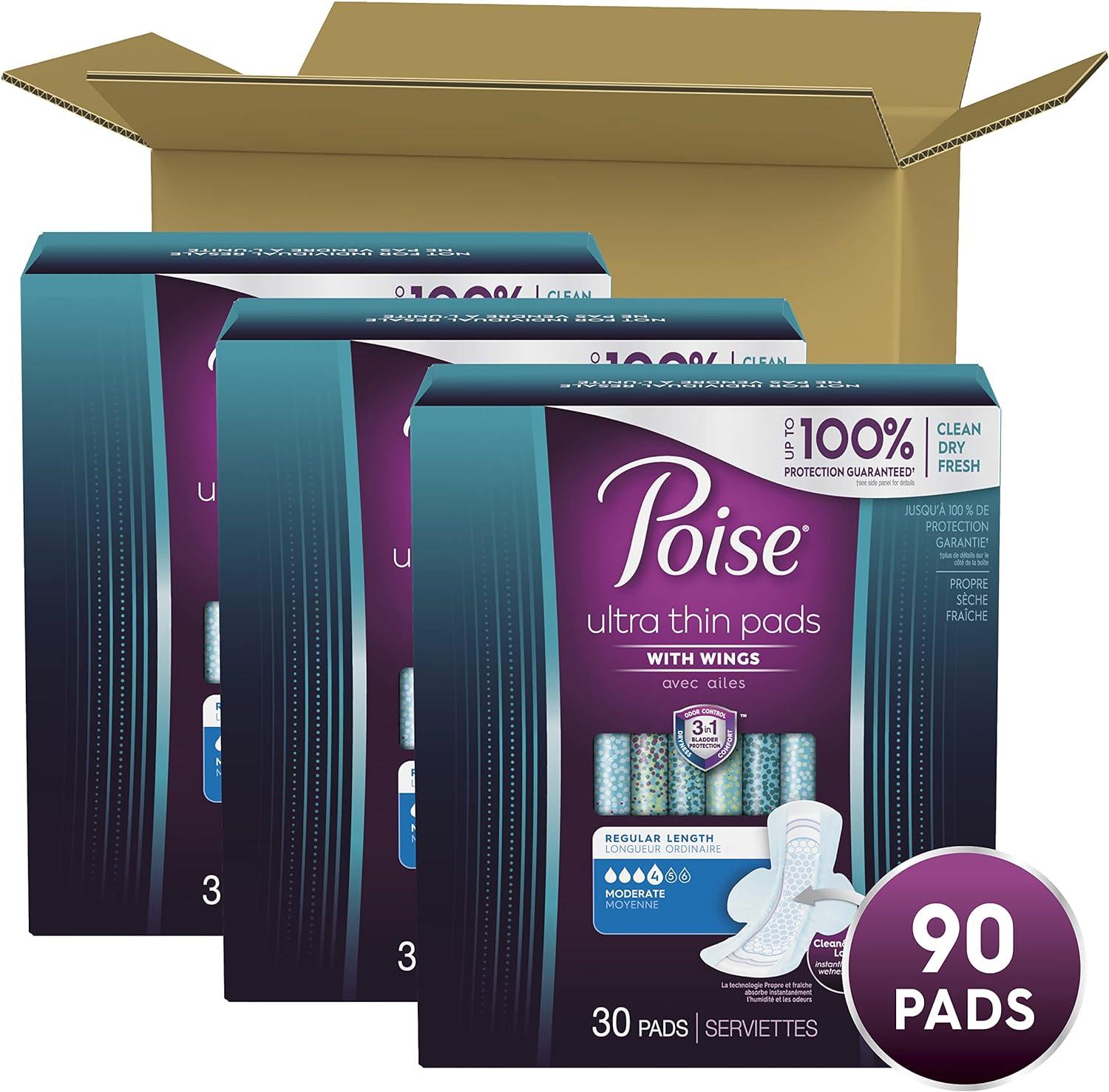 Poise Ultra Thin Incontinence Pads for Women with Wings Postpartum Pads  Moderate Absorbency Bladder Control Pads 90 Count (3 Packs of 30) Moderate  Absorbency (Regular Length)