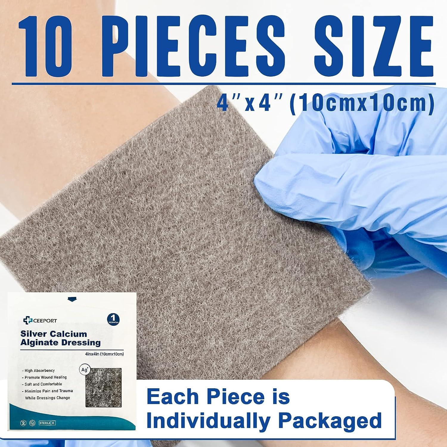 Ceeport Ag Silver Calcium Alginate Wound Dressing Pads 4''x4'' 10 Pack Gentle & Highly