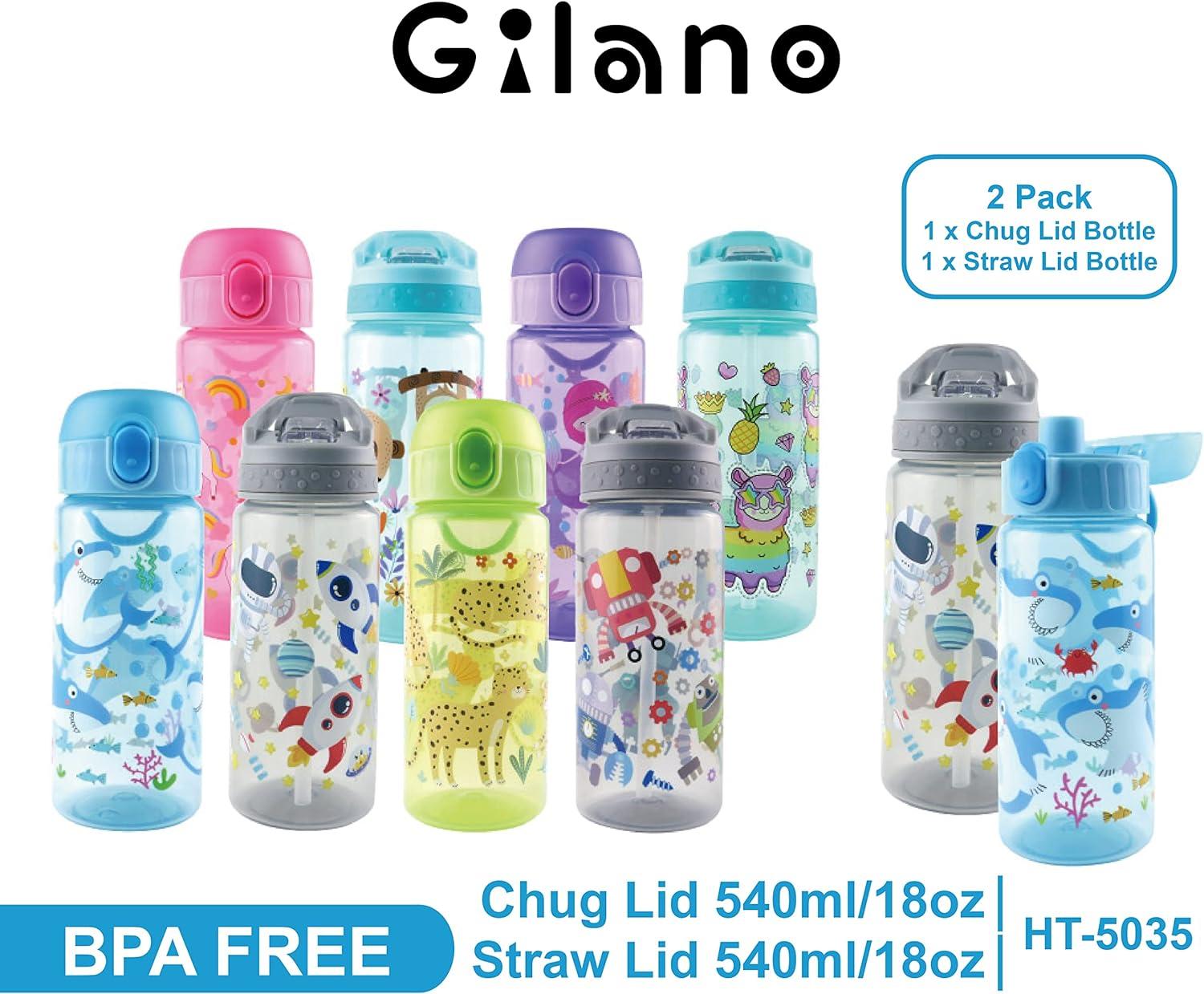 GILANO 18oz Kids Water Bottles for School BPA-Free Straw Water Bottle  Chugger Bottle Spill Leak Proof Straw Flip Spout Lid Built-in Carrying Loop  Handle for Boys and Girls 2 Pack - Leopard/Robot
