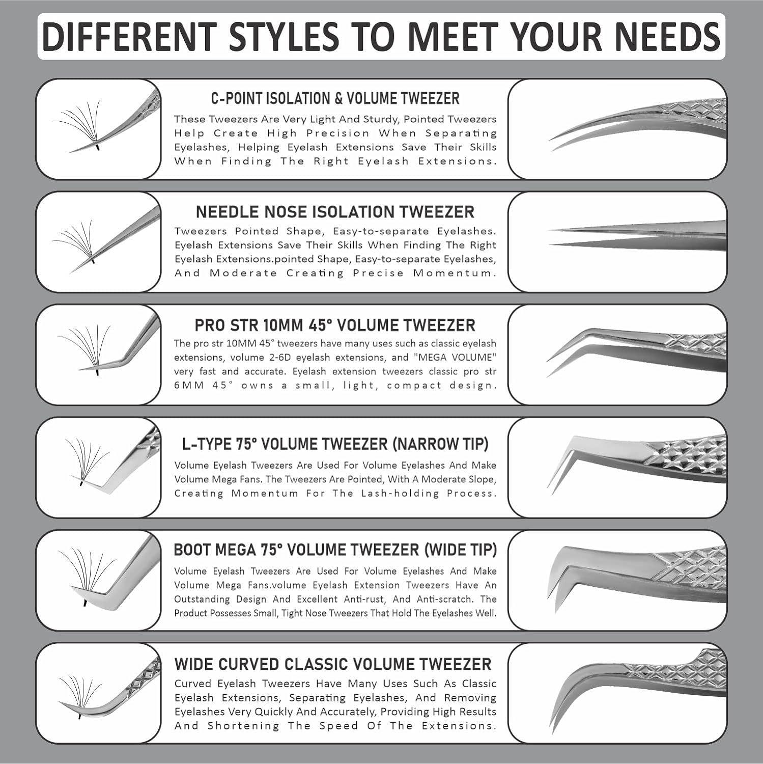 PHLASH TOOLS Pack of 6 Eyelash Extension Tweezers set. Japanese