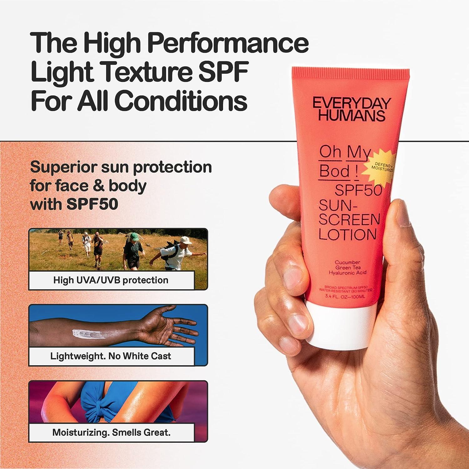 Everyday Humans Oh My Bod!, SPF 50 Ultra Light Face & Body Sunscreen  Lotion 3.4 oz, Doesn t Sting Eyes, Sport Sunblock for Face & Body