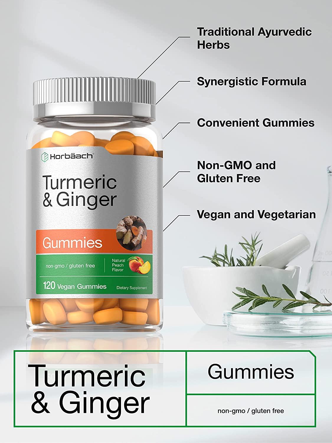 Horbaach Turmeric Ginger Gummies 120ct Peach Flavor Vegan NonGMO