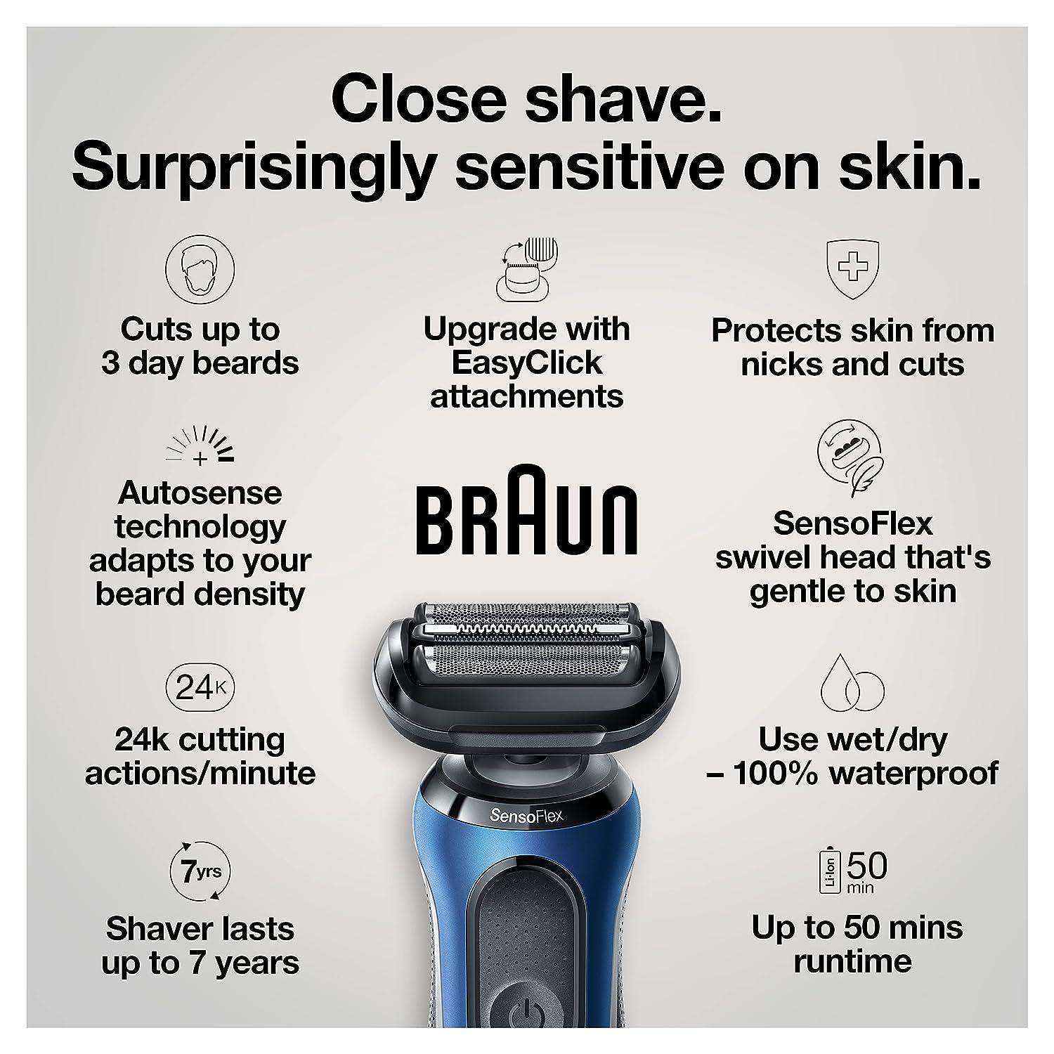 Dry Shaver Electric Rechargeable Foil Trimmer & SmartCare Beard Center Cordless Trimmer 6095cc 6 Brush Beard Braun Razor Series Men Wet with for Stubble Cleansing Blue