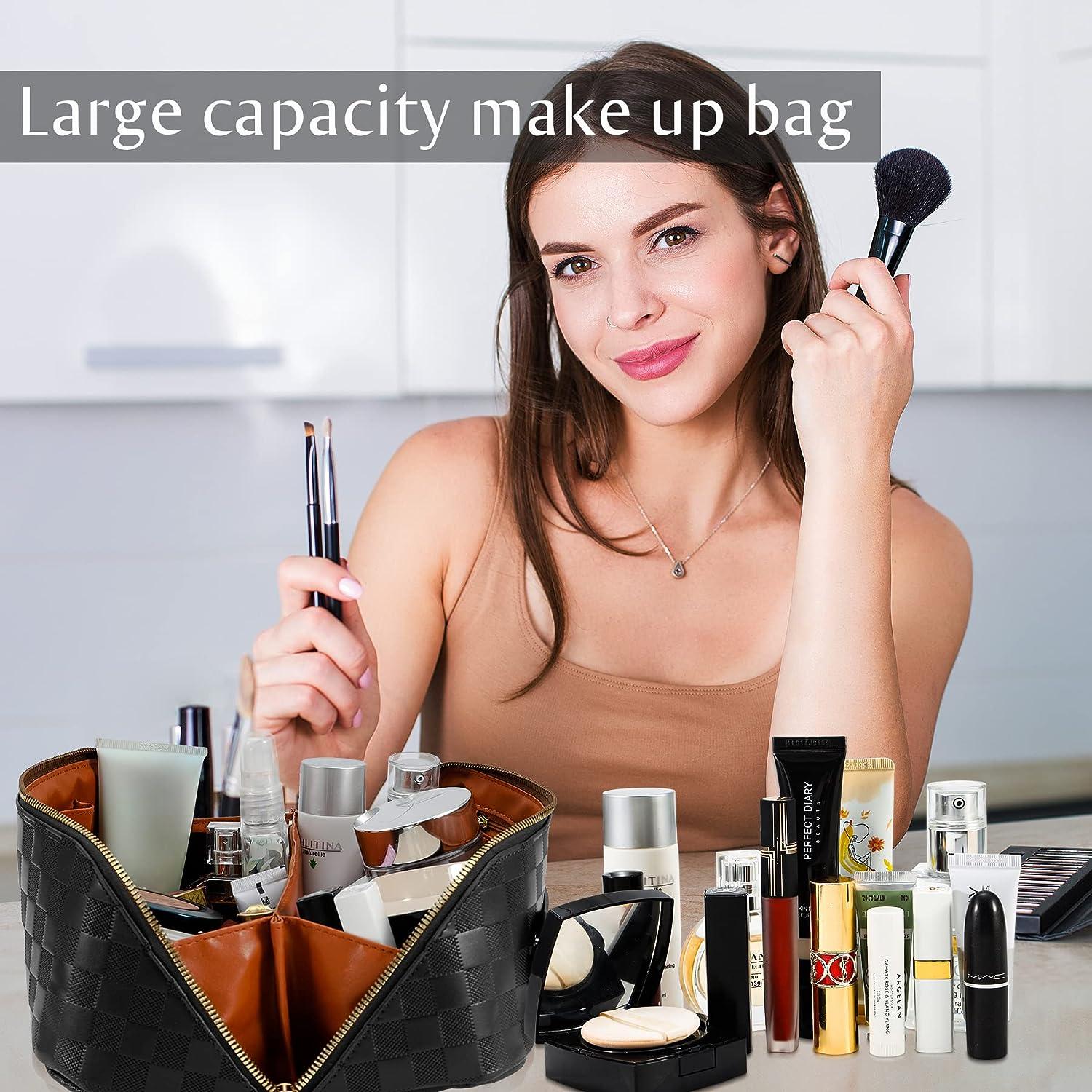 WERLFQFL Travel Makeup Bag For Women Large Capacity Checkered Cosmetic Bags  Ladies Black Plaid Lay Flat Makeup Organizer Waterproof PU Leather