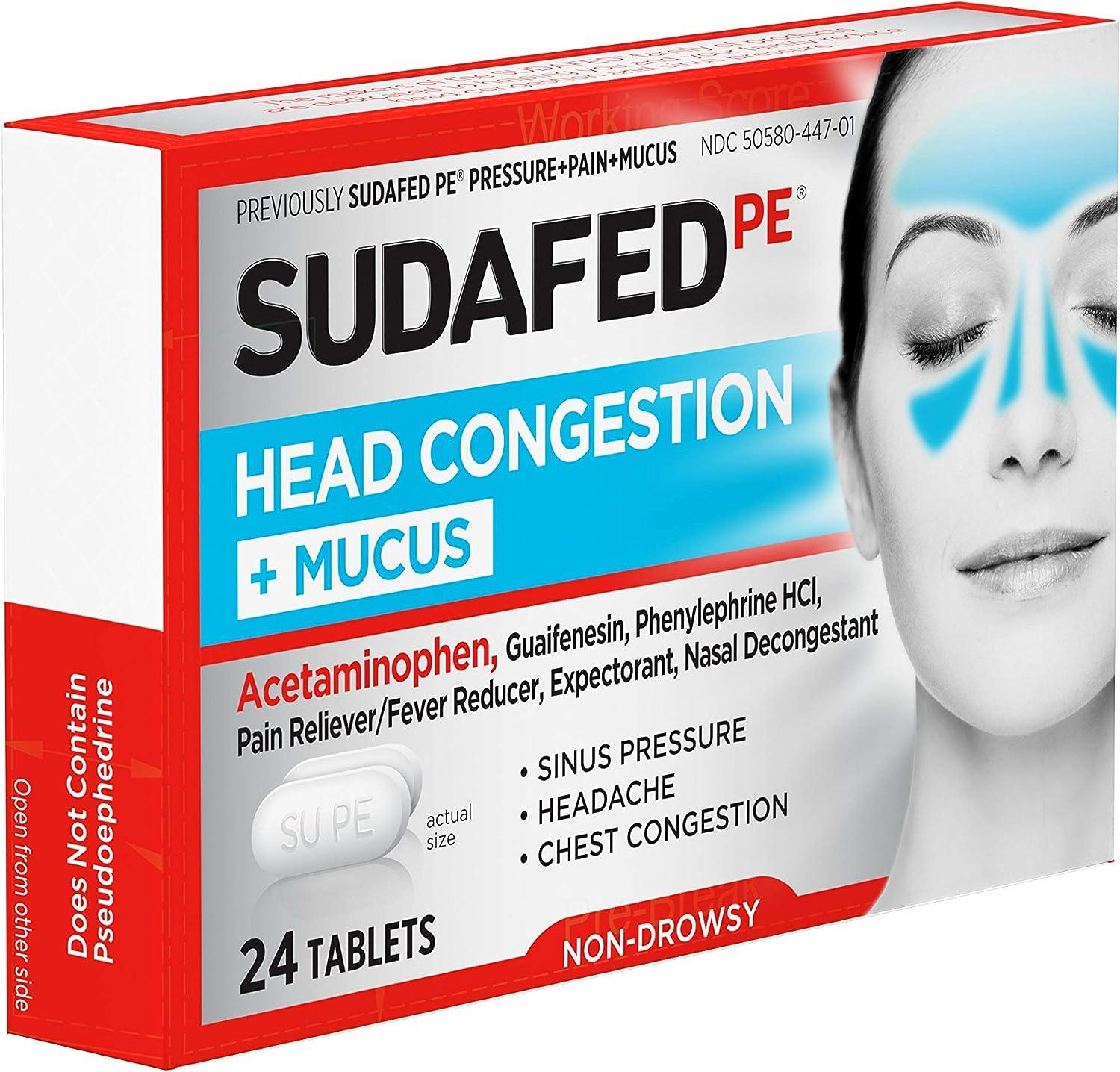 Sudafed PE Head Congestion   Mucus Relief Tablets 24 ct Non Drowsy