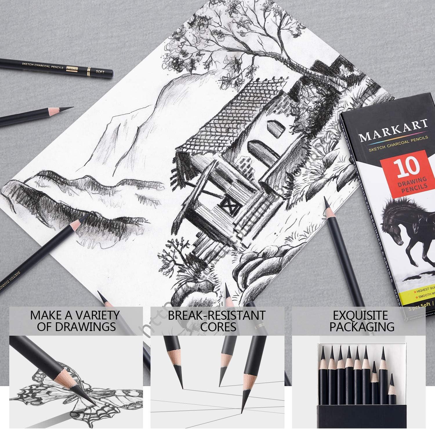 10 Piece Dry Media Artist Pencil Set Charcoal and Graphite Pencils