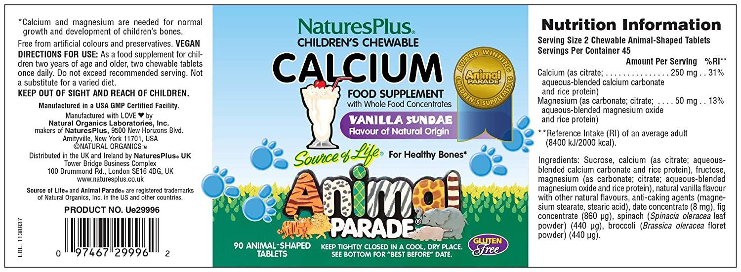 Nature's Plus Source of Life Animal Parade Calcium Children's Chewable  Supplement Sugar Free Natural Vanilla Sundae Flavor 90 Animal-Shaped Tablets