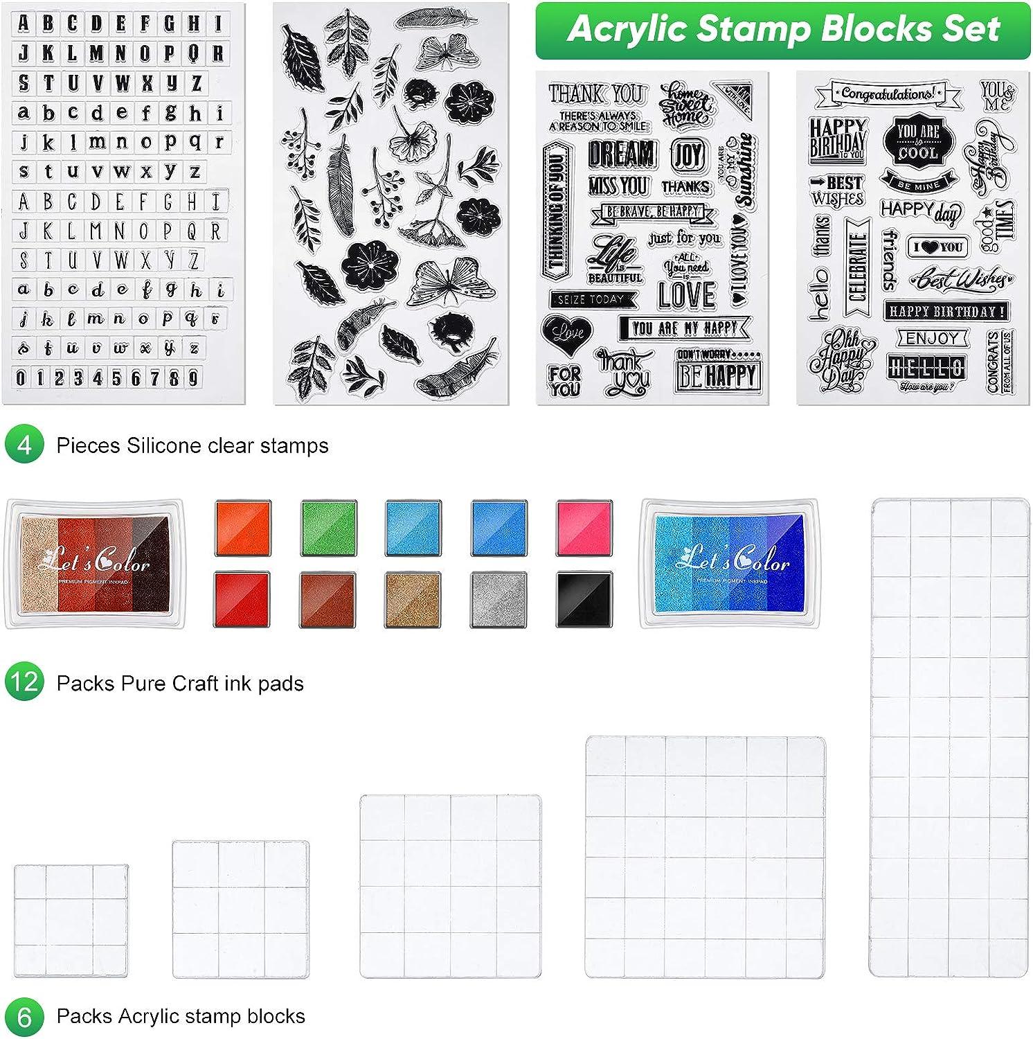 22 Pieces Acrylic Stamp Blocks Tools Set Include 6 Stamp Blocks Acrylic  Stamping Clear Block, 4 Transparent Silicone Clear Stamps Seal, 12 Craft  Ink Pad Stamp Pad for Scrapbooking Card Making