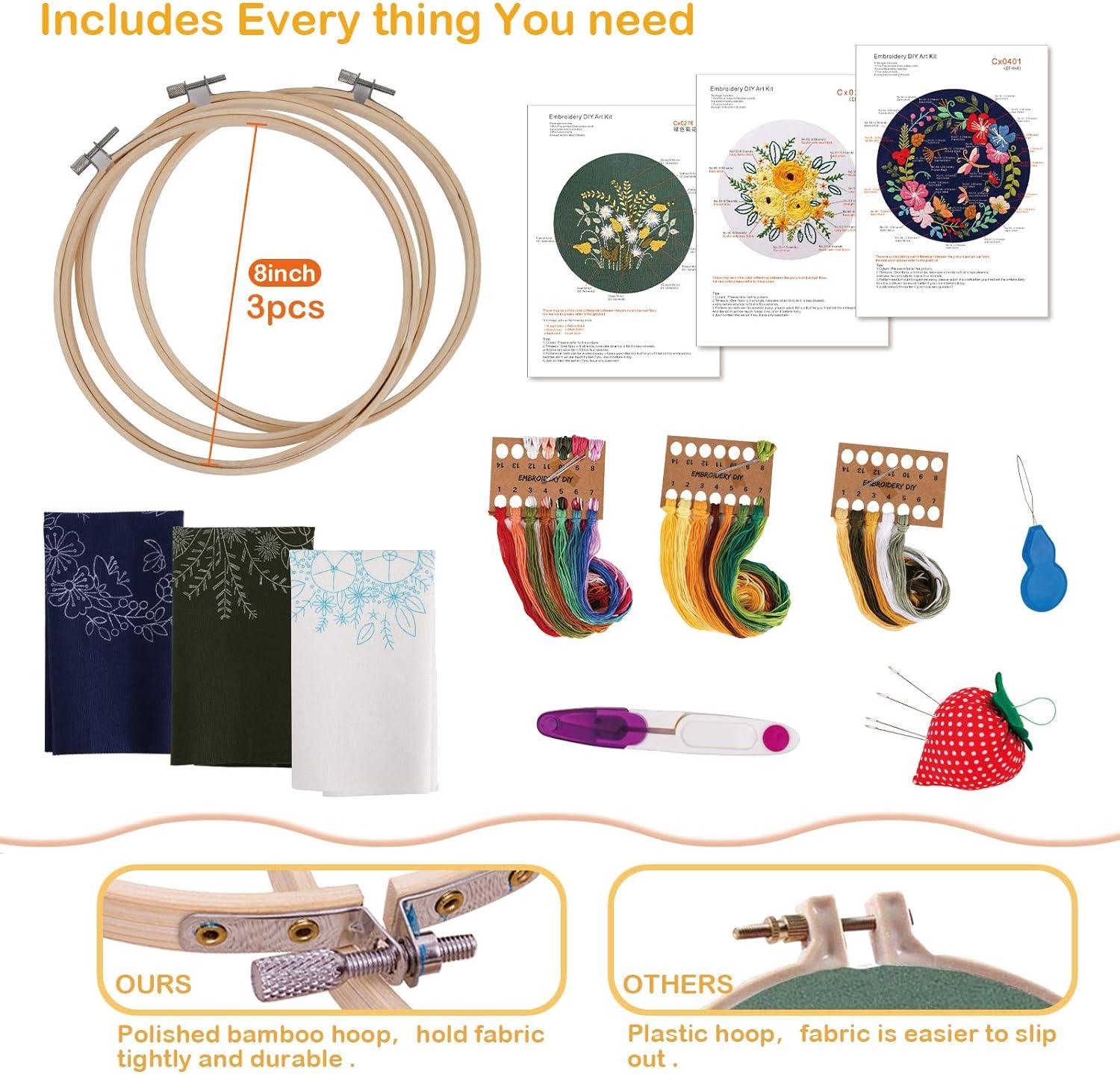 3pcs Adult Hand Embroidery Kit for Beginners,Include Embroidery Clothes  with Pattern,3pcs Embroidery Hoops and Instructions, Scissors,Cross Stitch  Set