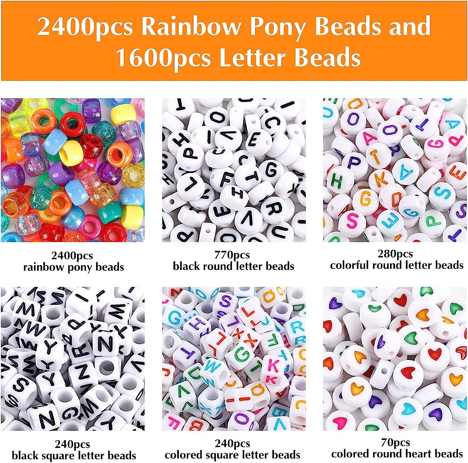 UOONY 4000pcs Pony Beads Kit, 2400pcs Rainbow Kandi Beads and 1600pcs Letter  Beads, 24 Colors Plastic Craft Beads Bulk for Bracelets Jewelry Making with  20m Crystal String and 30m Elastic String