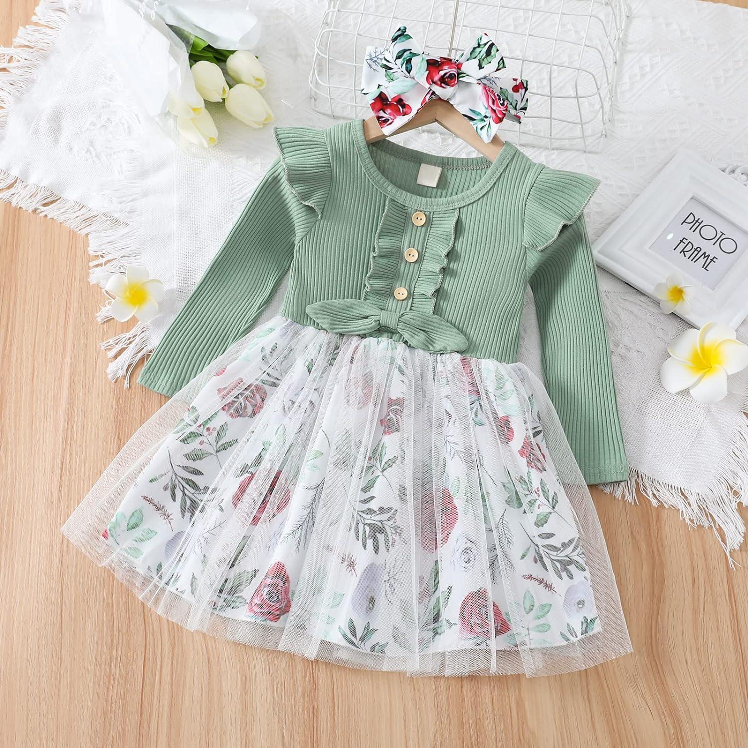 Haokaini Toddler Baby Girls Floral Dress | Long Ruffle Sleeve Cotton Ribbed  Bow Splicing Princess Tutu Skirt | Fall Clothes Set 12-18 Months (Green) |  Buy Now with Express International Delivery | GoSupps.com