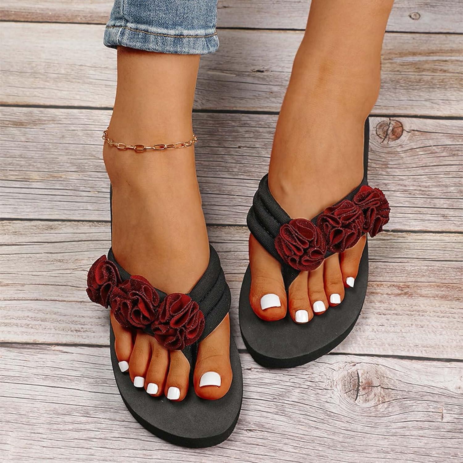 Summer Flip Flops Wedges for Women Flower Sandals for Women Wide Flat  Casual Beach Flip Flops Sandals for Women 6.5 Wine