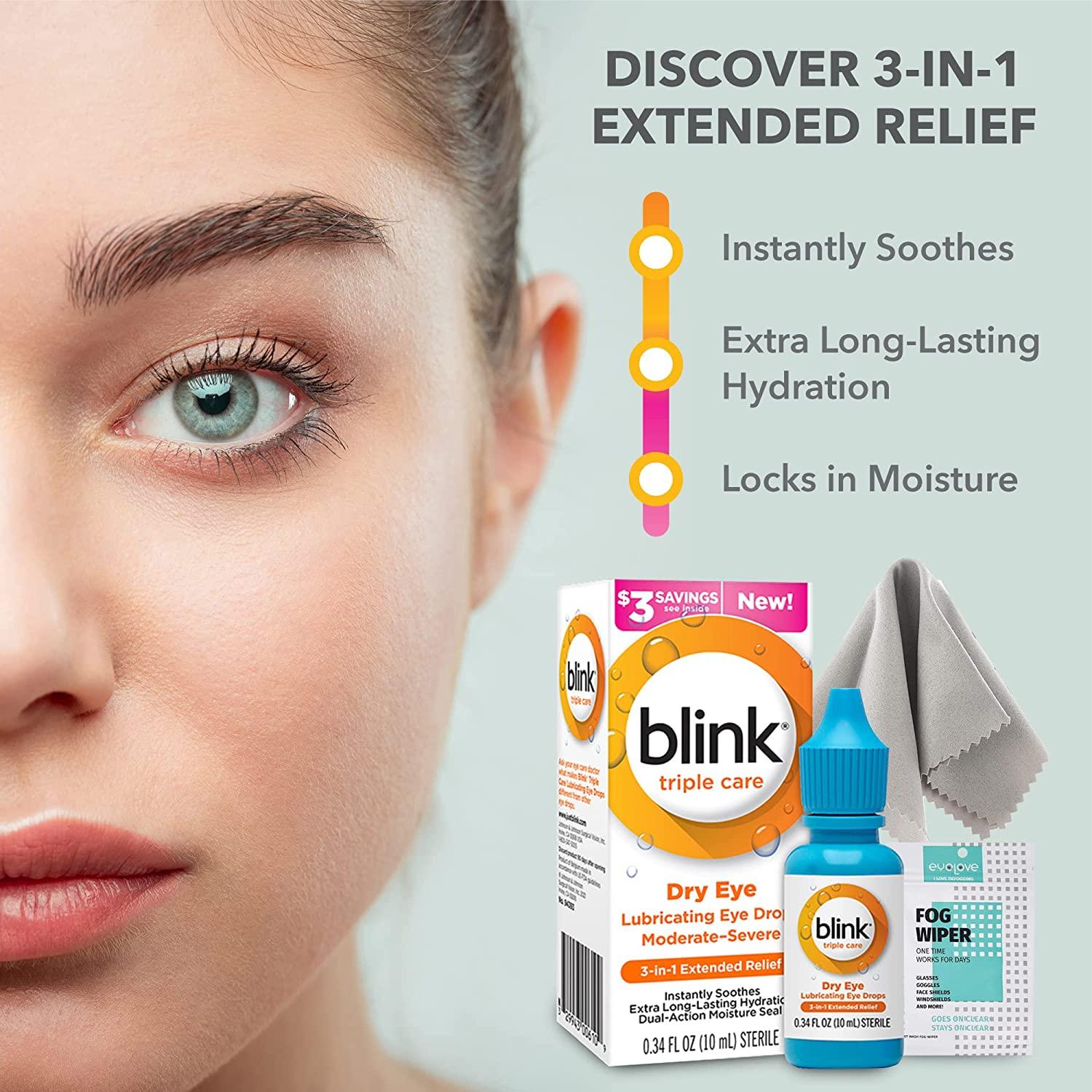 Blink Triple Care Lubricating Eye Drops 10ml + AntiFog Cloth Bundle by