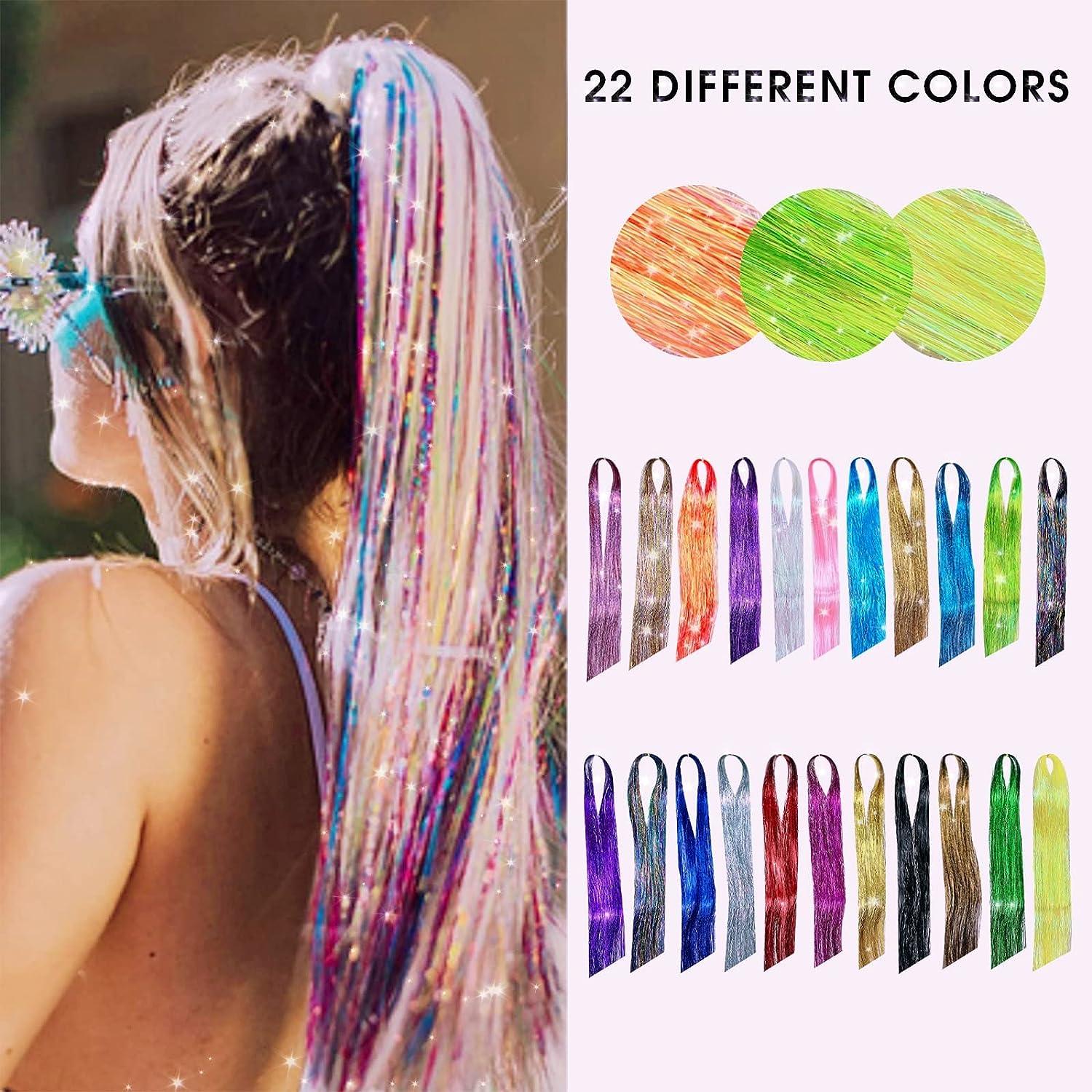Hair Tinsel Kit 22 Colors Tinsel Hair Extensions for Women Girls Fairy Hair  Tinsel Heat Resistant Glitter Sparkling Shiny Colorful Synthetic Hair 47  Inches for Halloween Cosplay Christmas New Year Party (multicolor-1)