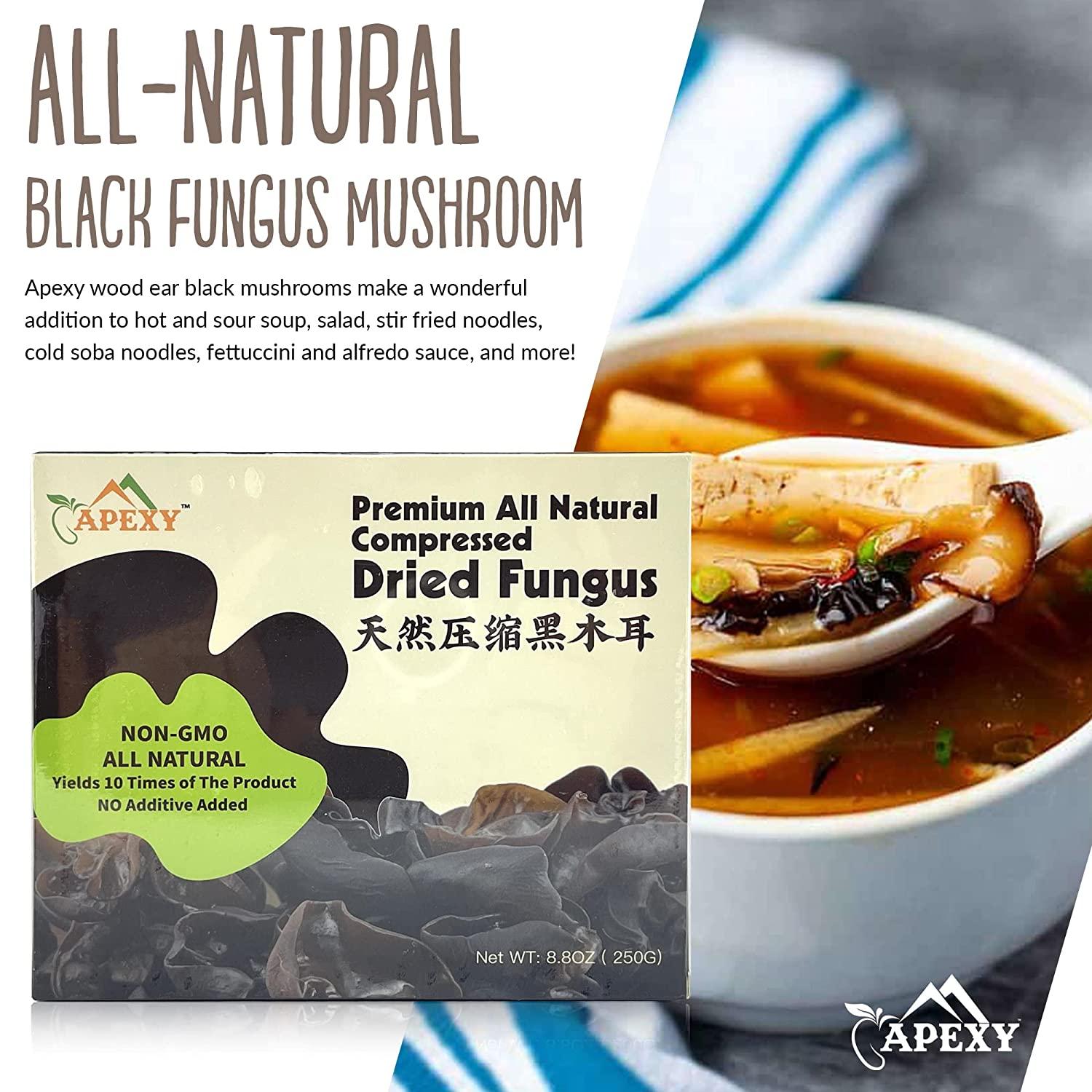 Apexy Premium Dried Black Fungus (Wood Ear Mushroom) 8.8 Oz All Natural & Compressed 10x