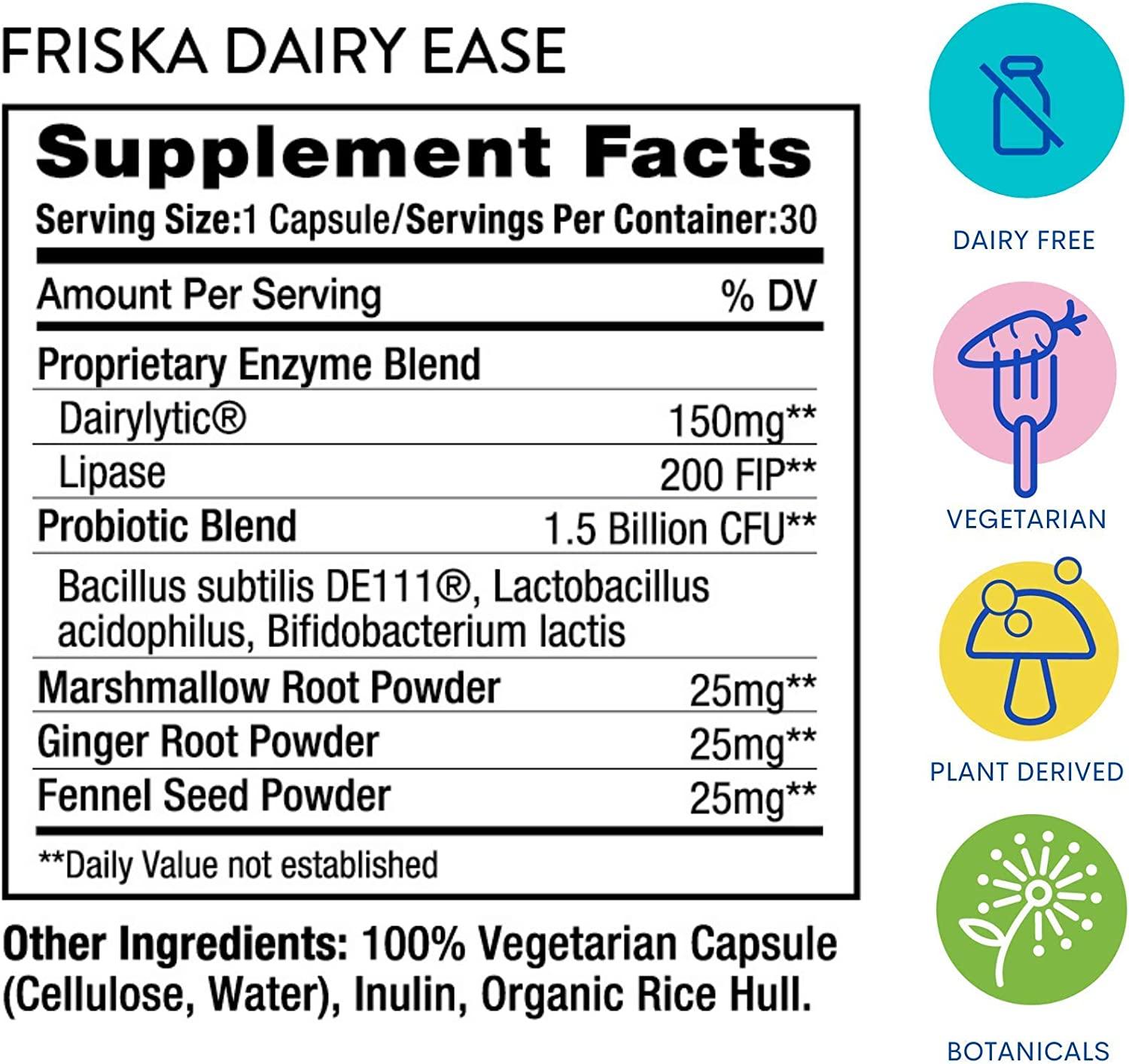 FRISKA Dairy Ease Supplement Digestive Enzymes & Probiotics Lactose
