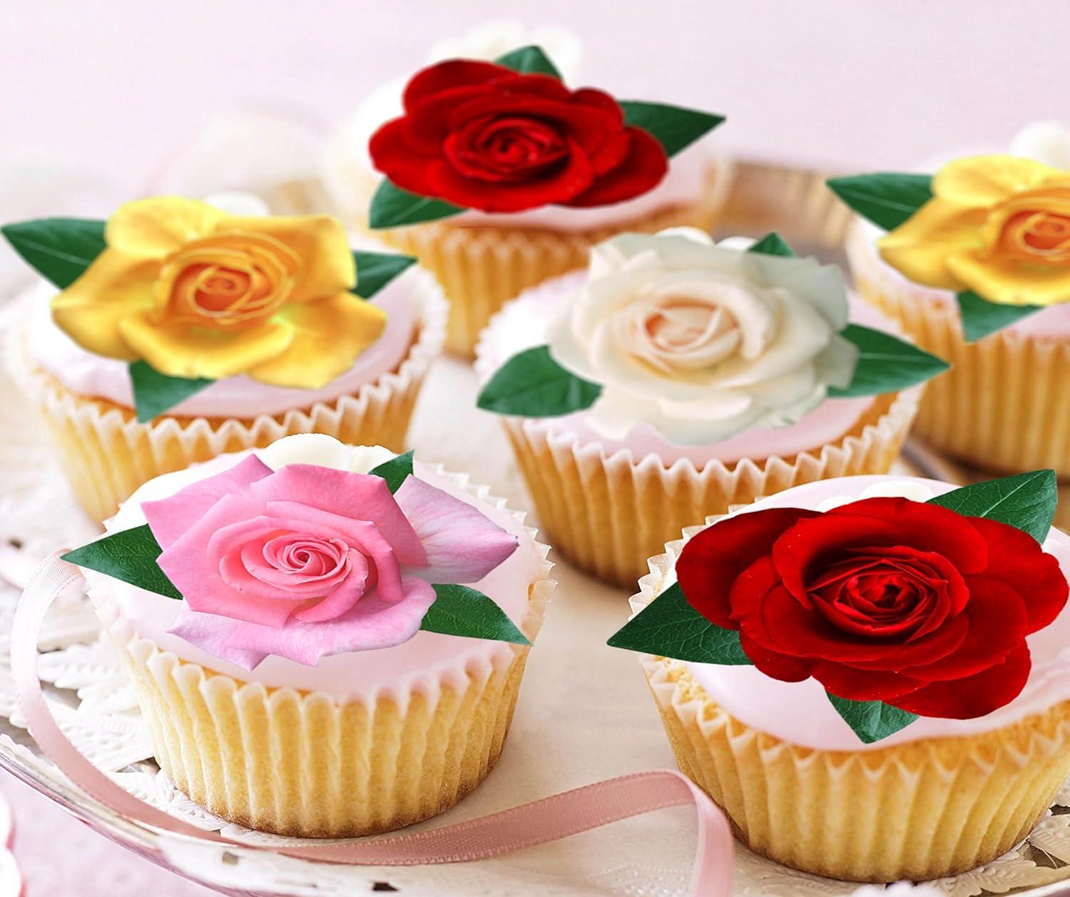 Pre-Cut Roses with Leaves A Edible Wafer Paper Flowers Cupcake Toppers ...