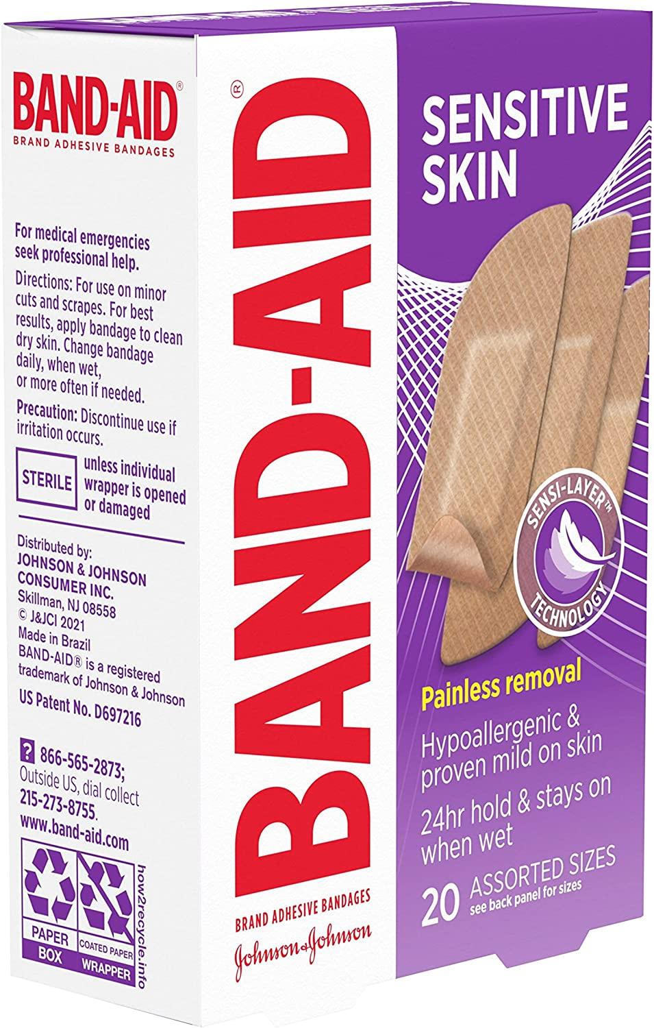 BandAid Sensitive Skin Adhesive Bandages Hypoallergenic, Painless Removal, Stay on When Wet