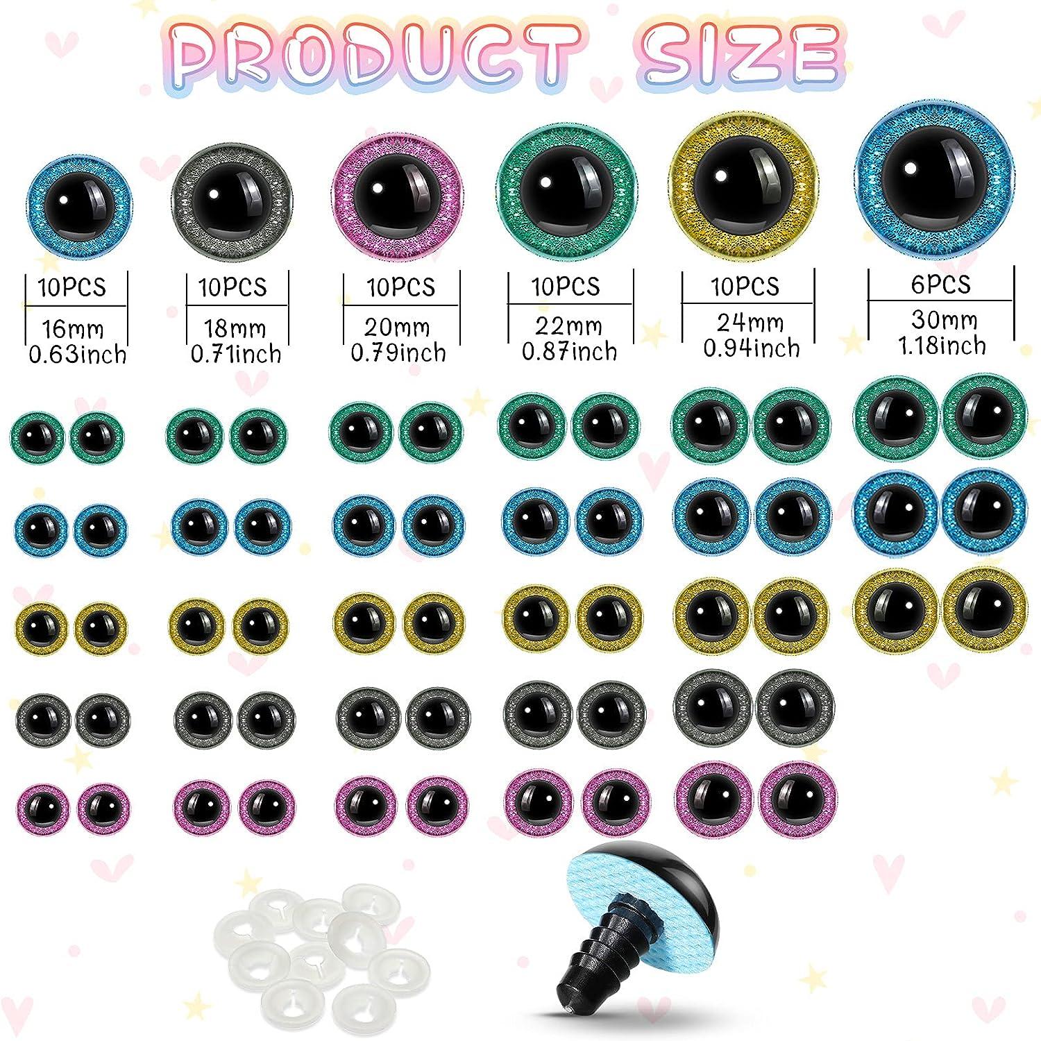 56 Pieces 16-30 mm Large Safety Eyes for Amigurumi Big Stuffed Animal Eyes  Plastic Craft Crochet Eyes for DIY of Puppet Bear Toy Doll Making Supplies  6 Sizes (Green Grey Yellow Pink Blue)