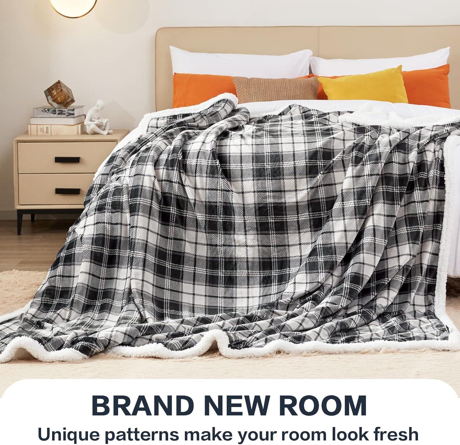 Sherpa Plaid Reversible Throw Blanket Cozy Flannel Fleece for