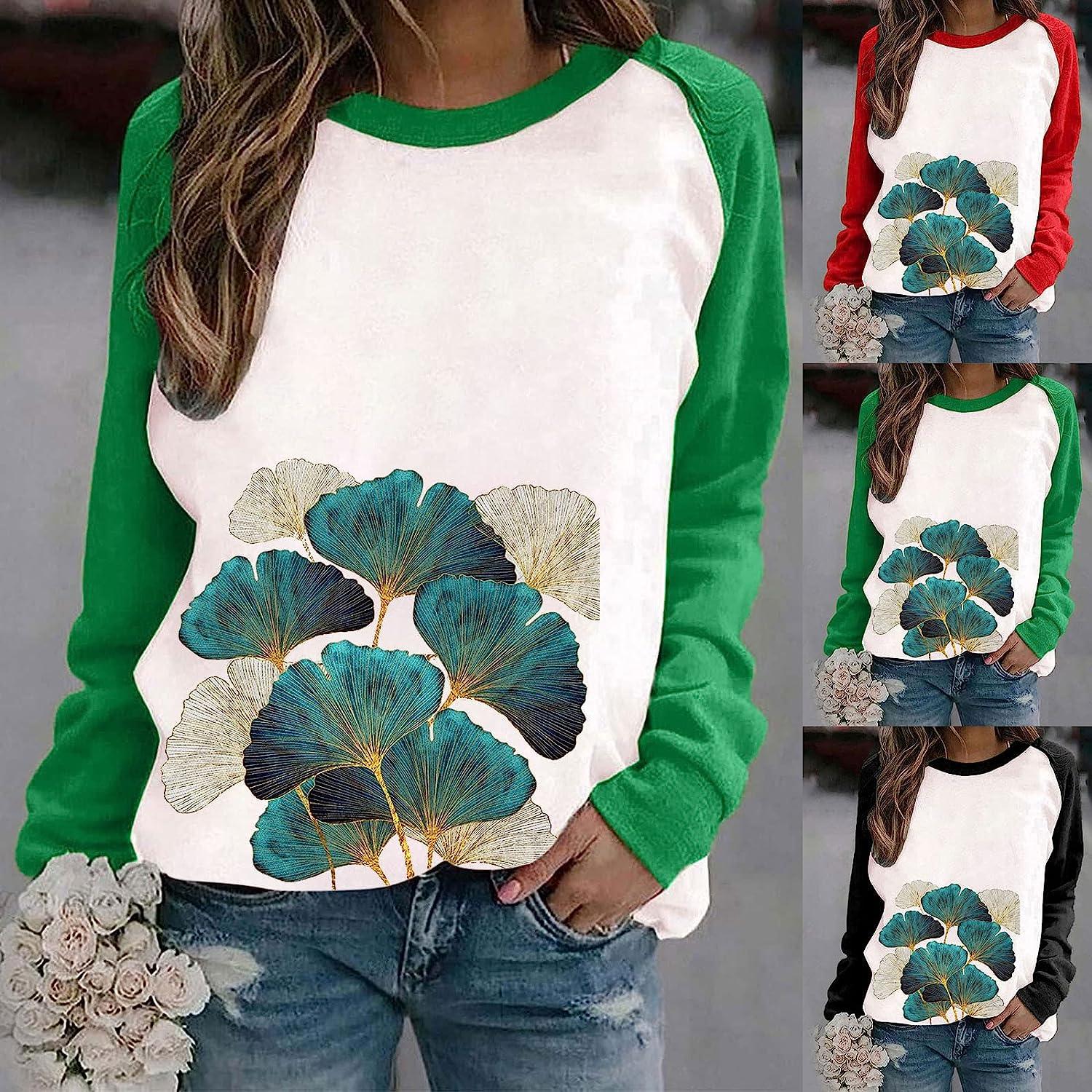 Sweatshirt for Women Casual Spring Fall Print Crewneck Pullover Tops  Splicing Long Sleeve Shirts Fit Tunic Tees Small Black