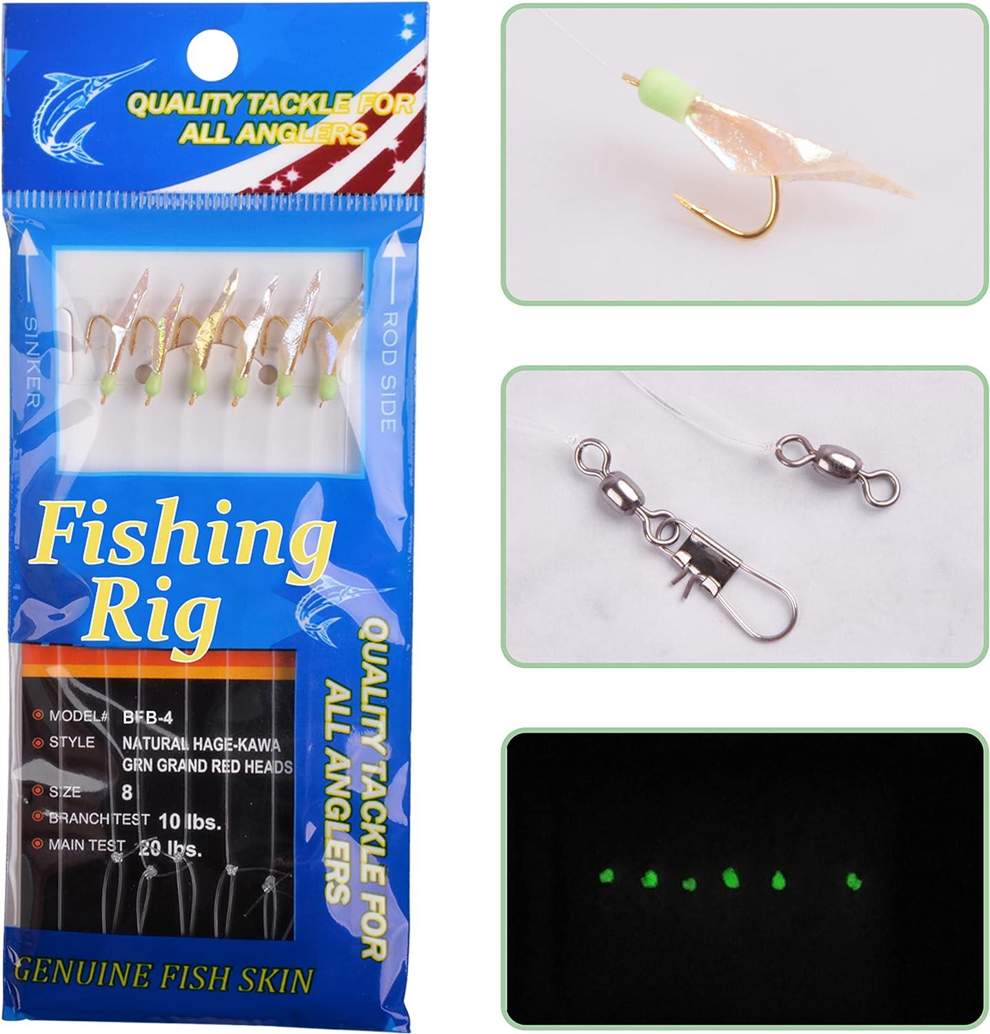 Fishing Rigs Saltwater Bait Lures 6 Packs Fishing Bait Rigs with Fish Skin  High Carbon Steel Hooks Glow Bait Rig Tackle Size 4 6 8 Type B 6#-6packs