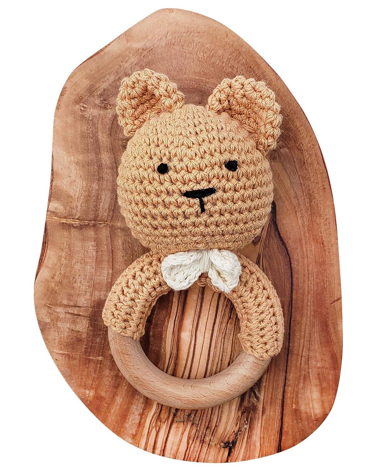 Crochet Teddy Bear Teether Rattle on Wooden Teething Ring - Forest ...