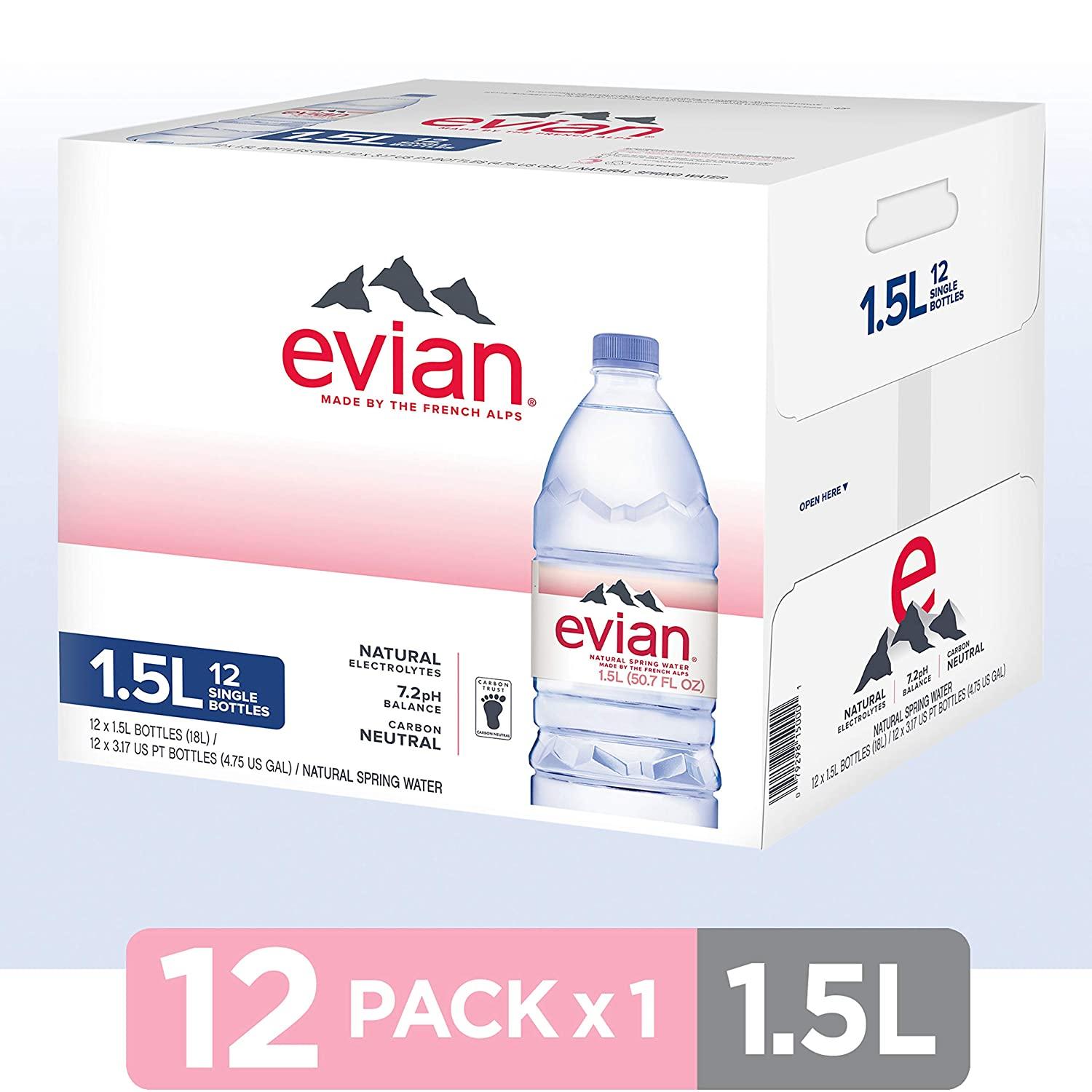 evian Natural Spring Water, Naturally Filtered Spring Water, Individual  Bulk-Size Water Bottles, 50.72 Fl Oz (Pack of 12)
