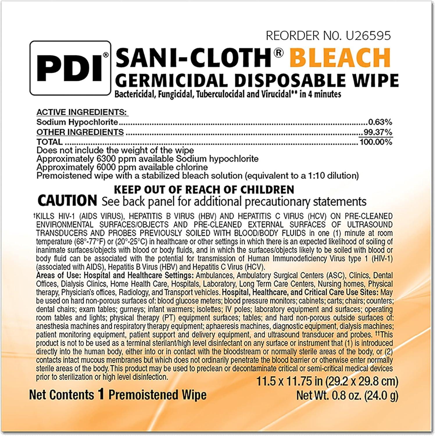 Pdi Sanicloth Bleach Wipe 11.5 X 11.75 Model U26595 Box of 40