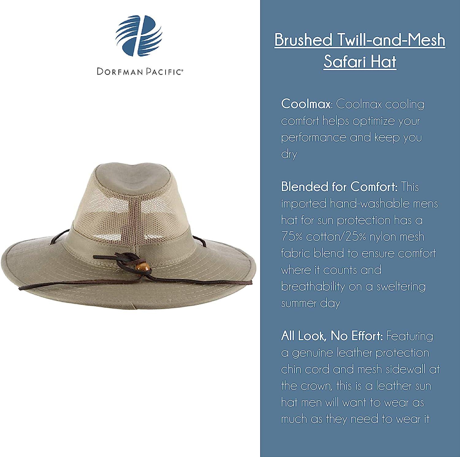 Dorfman Pacific Men's Brushed Twill-and-Mesh Safari Hat with Genuine  Leather Trim 3X-Large Khaki