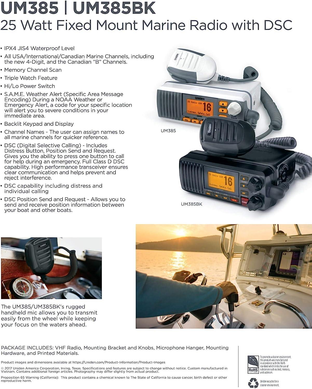 Uniden UM385BK 25 Watt Fixed Mount Marine Vhf Radio, Waterproof IPX4 W