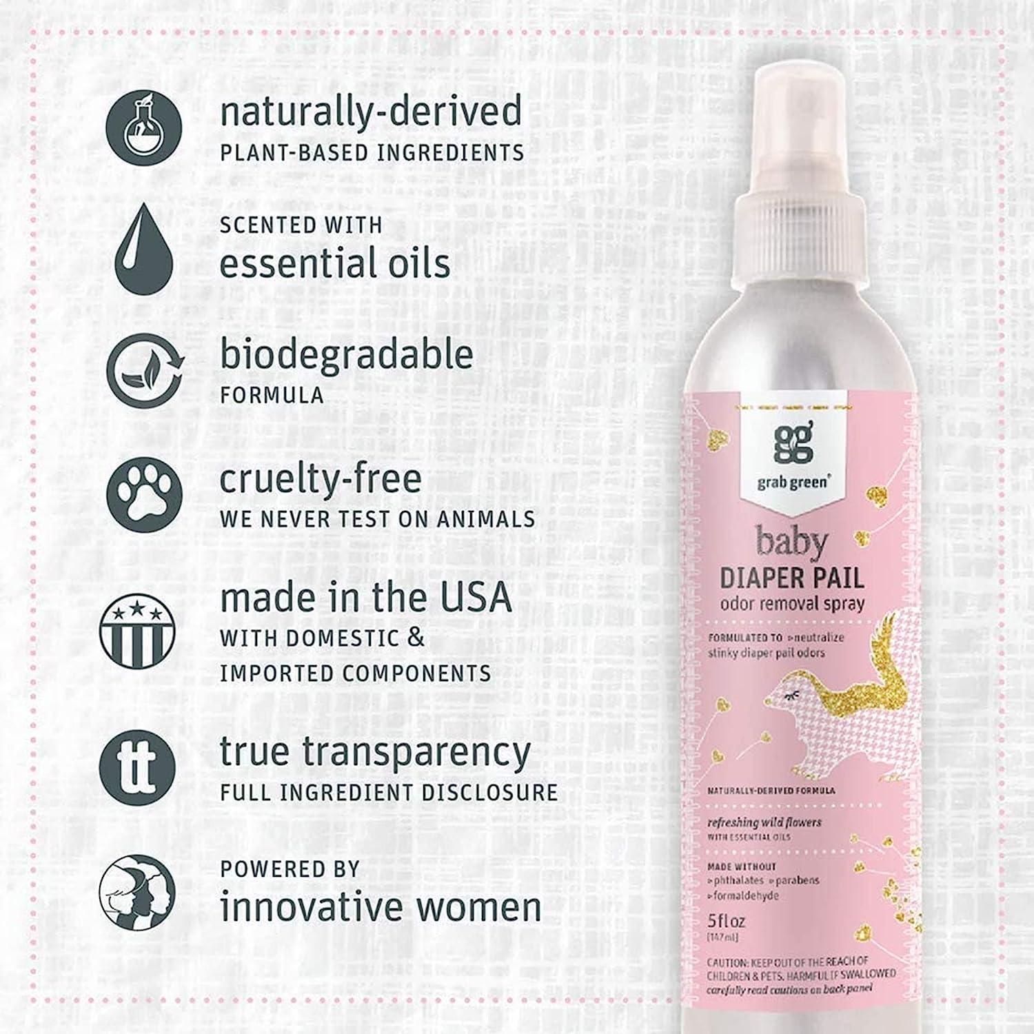 Grab Green Baby Diaper Pail Odor Removal Spray 5oz (Pack of 3) Wild