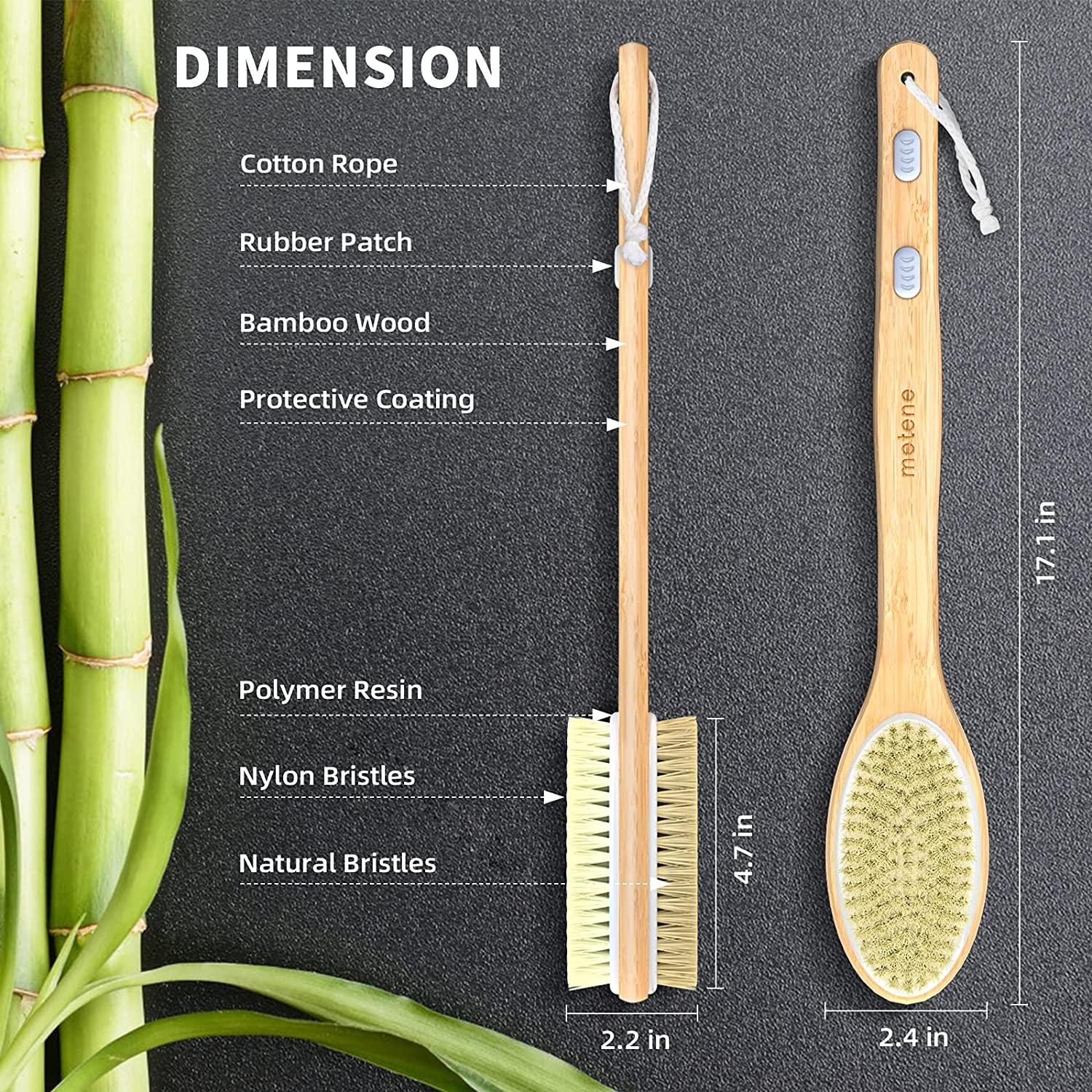 Metene Bamboo Body Brush with Stiff and Soft Natural Bristles, Back Scrubber for Shower with
