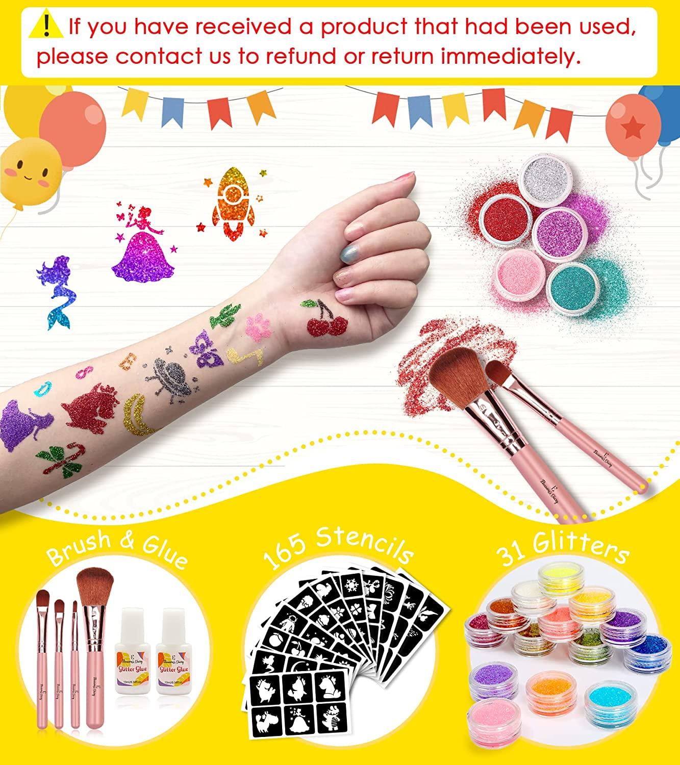 Temporary Glitter Tattoo Kids, Eleanore's Diary 31 Glitter Colors,165  Unique Stencils, 2 Glue, 4 Brushes, Adults & Kids Arts Glitter Make Up Kit,  Gifts for Summer Holiday Birthday Party Back to School