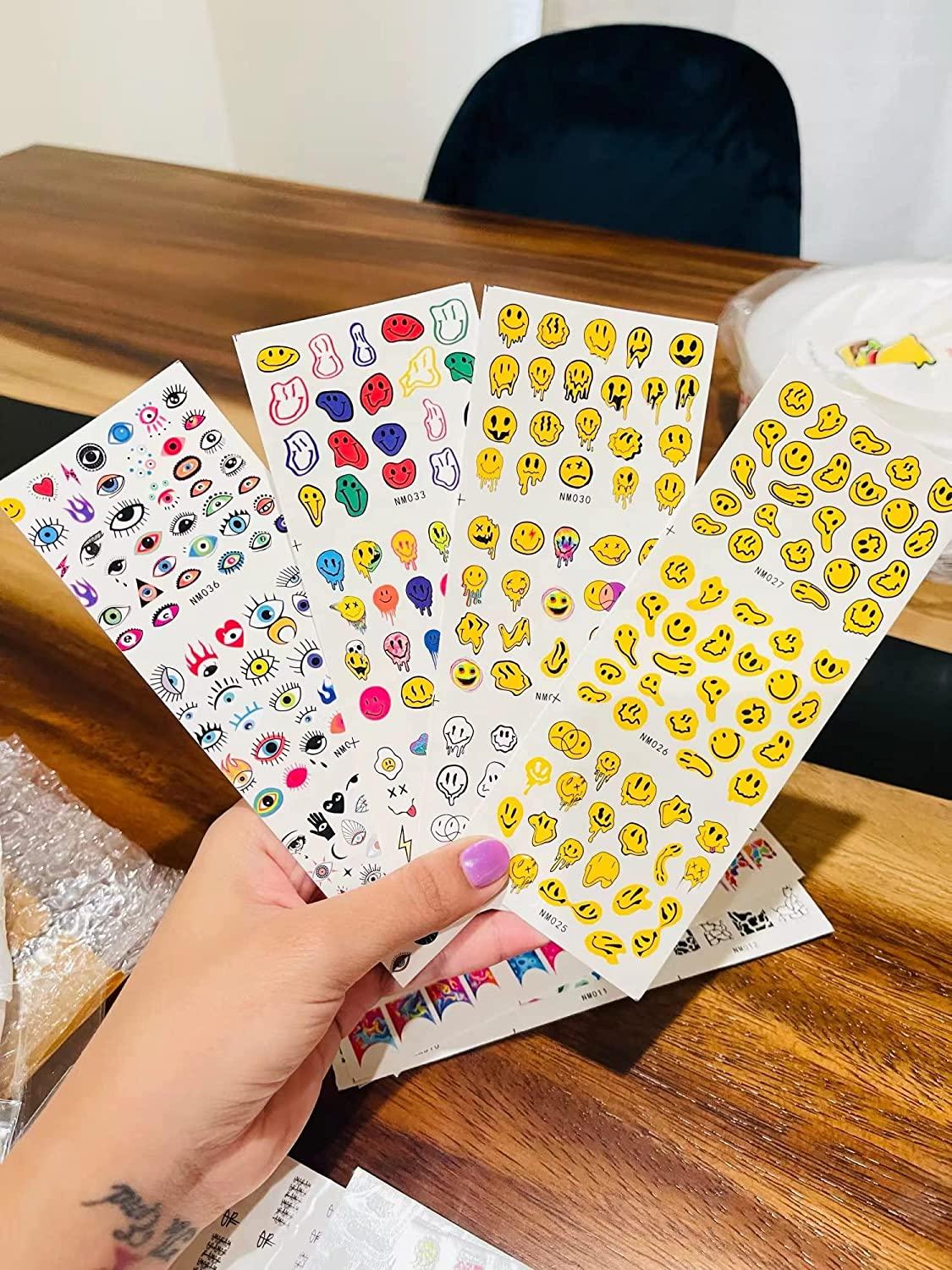 12 Sheets Abstract Smiling Face Evil Eye Nail Art Stickers Water Transfer  Nail Decals 3D DIY Nail Designs Nail Decorations for Women,Kids