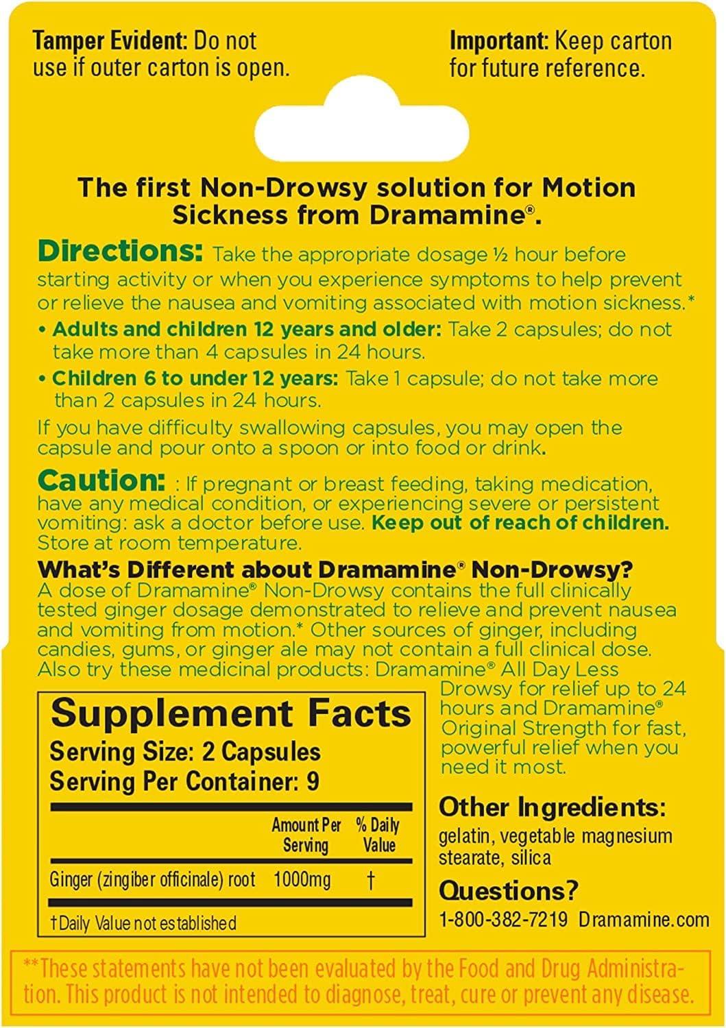 Dramamine NonDrowsy Naturals Natural Ginger Formula (18 Capsules)