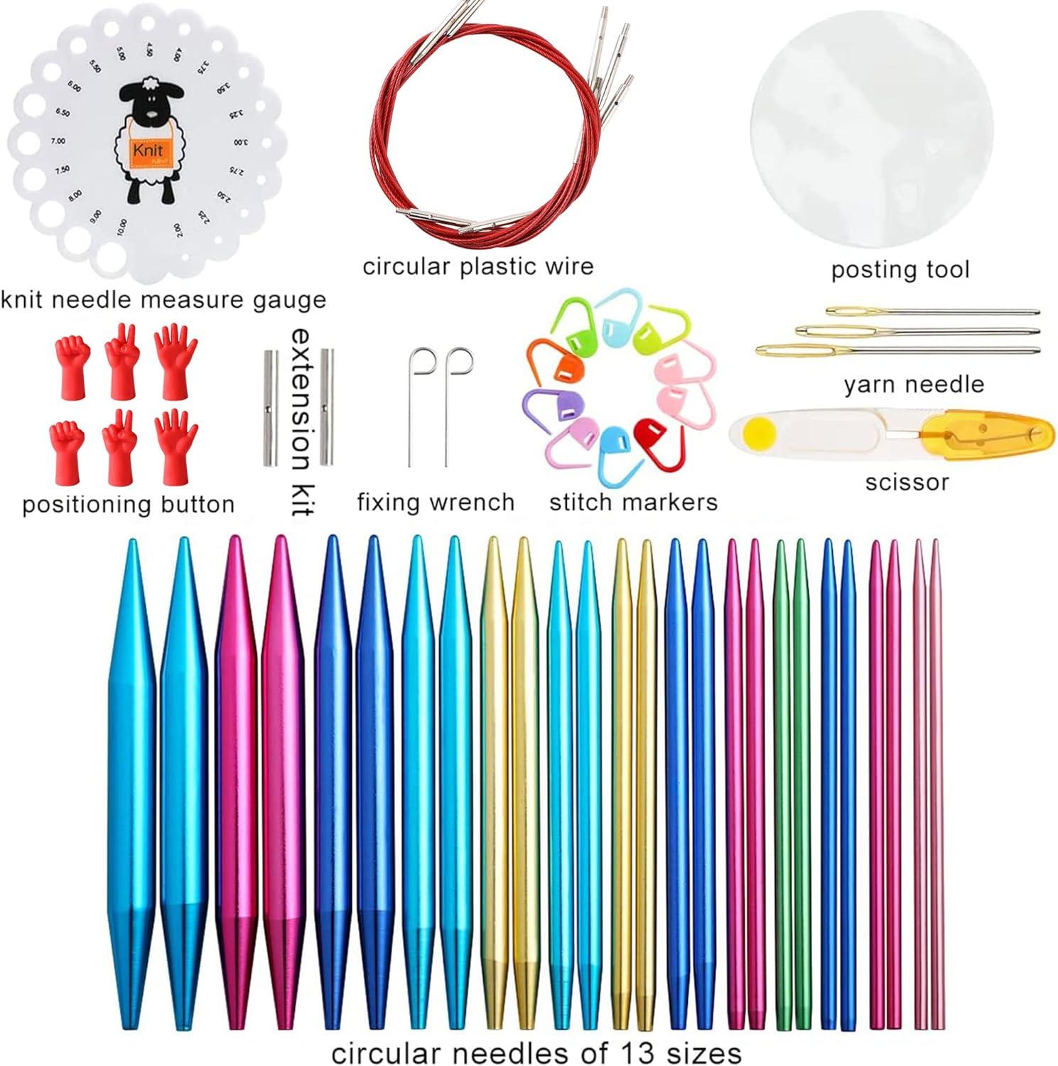Circular Knitting Needles Ring Set Aluminum, 13 Sizes Bamboo Needles Set  with Basic Knitting Tools Accessories