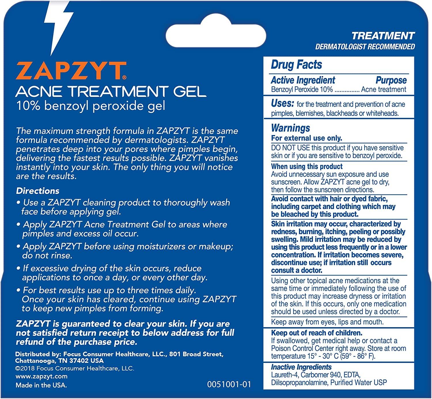 Zapzyt Maximum Strength 10% Benzoyl Peroxide Acne Treatment Gel 1 oz