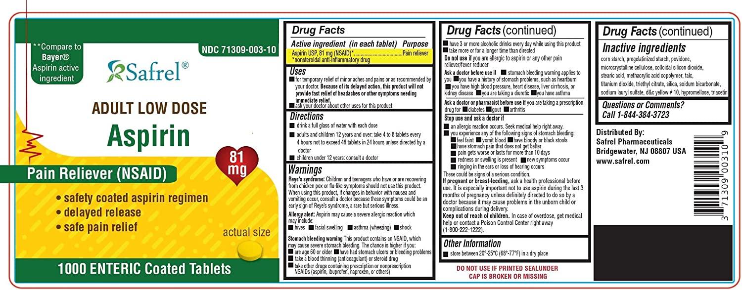 Safrel Aspirin 81 mg (1000 Enteric Coated Tablets) Adult Low Dose