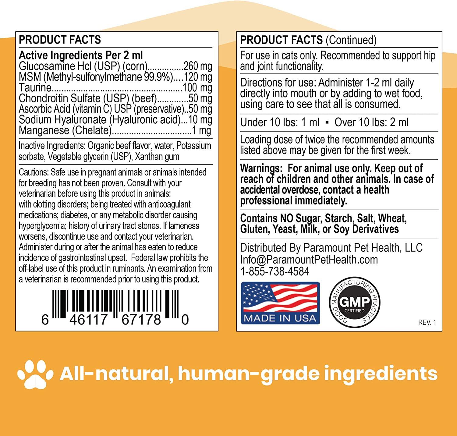 Paramount Pet Health 100 Natural Glucosamine for Cats Msm Arthritis
