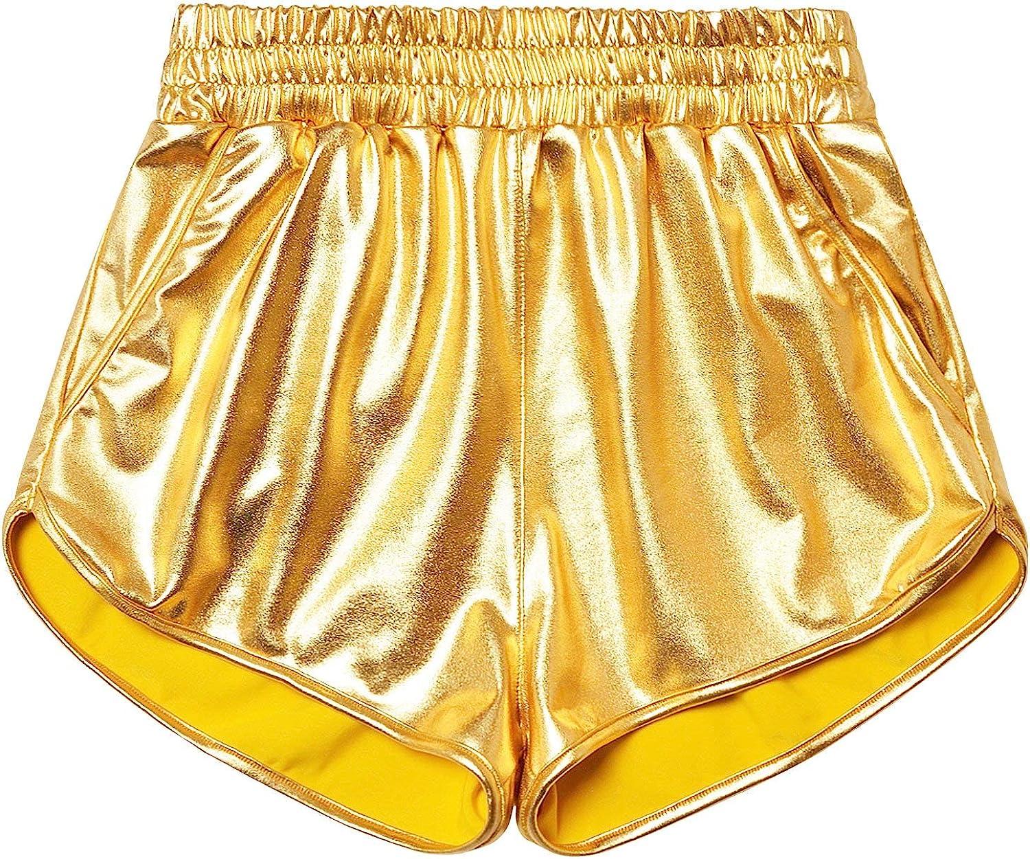 Shiny Shorts Metallic Athletic Shorts Perfashion Women's Gold