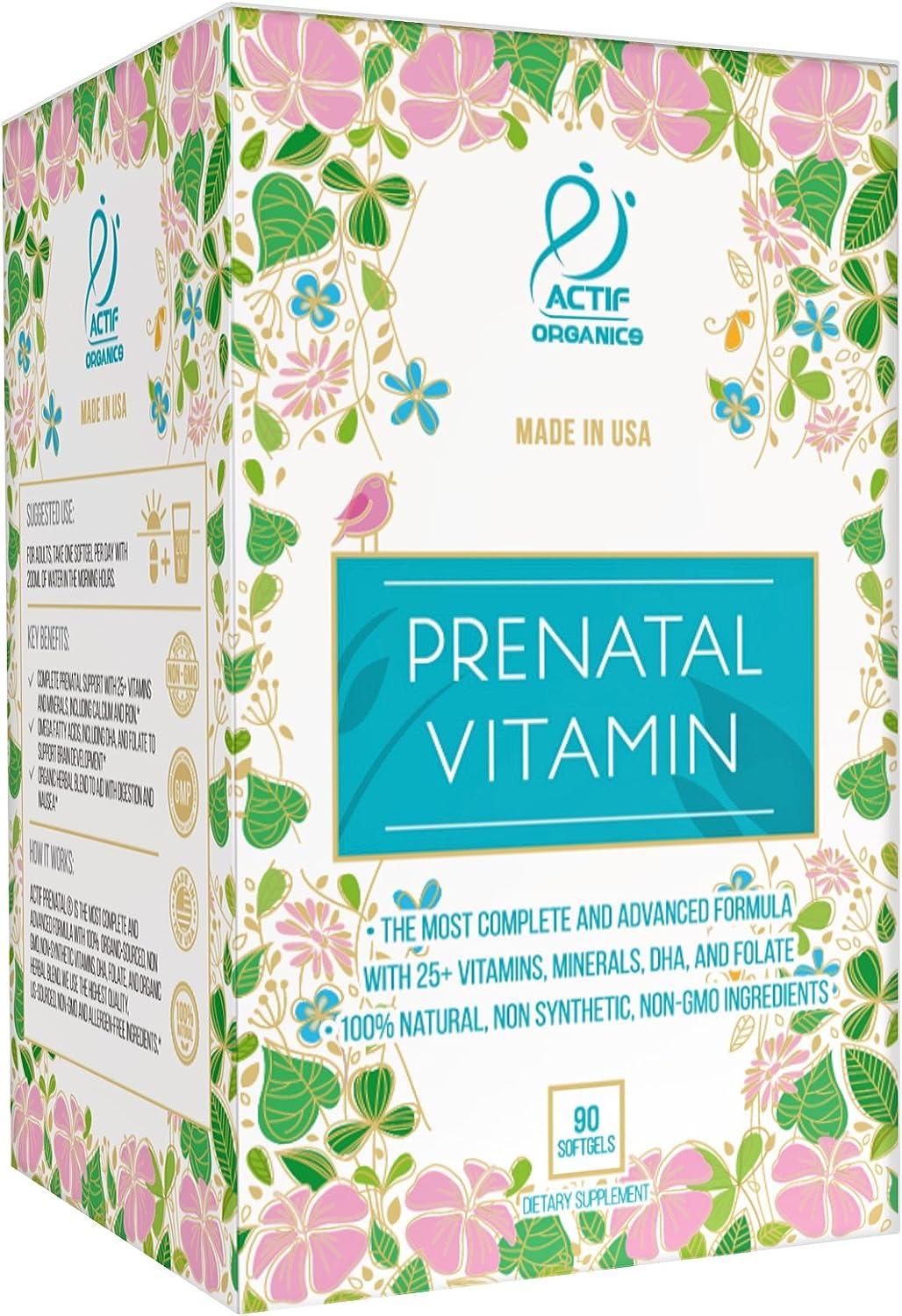 Actif Organic Prenatal Vitamin 25+ Organic Vitamins DHA, EPA, Omega 3 NonGMO 90 Count