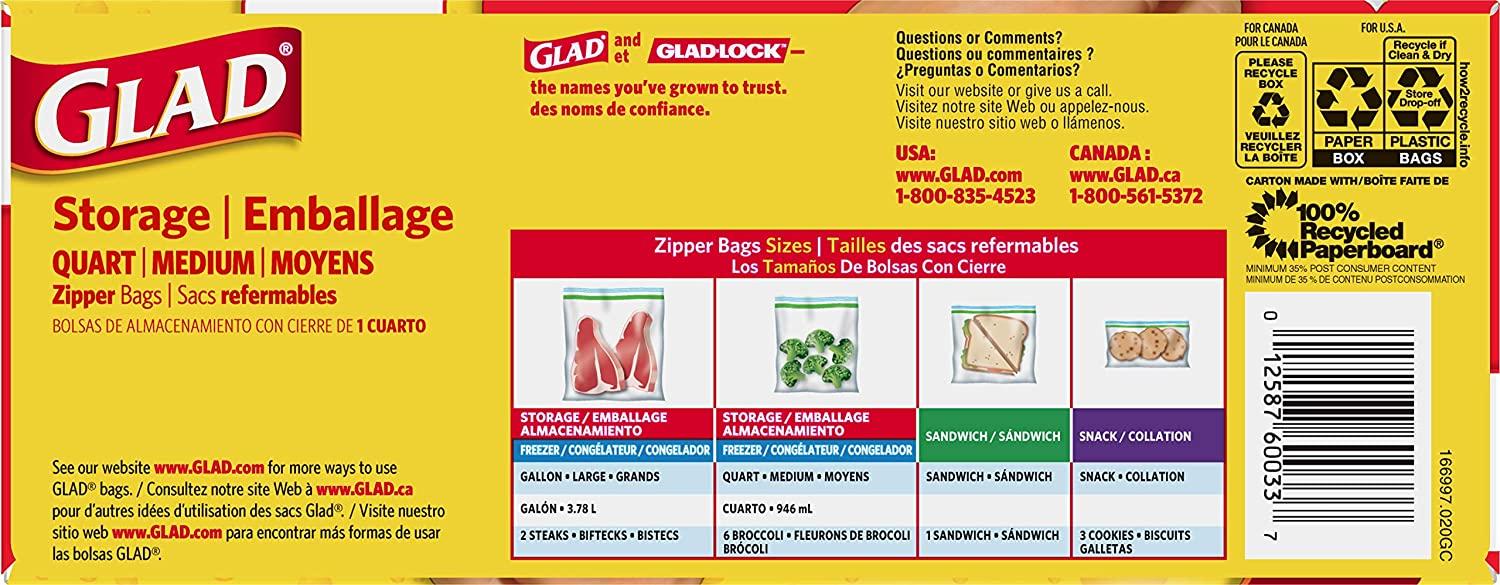 Glad Trash & Food Storage Zipper Food Storage Plastic Bags - Quart - 50  Count, Pack of 4 (