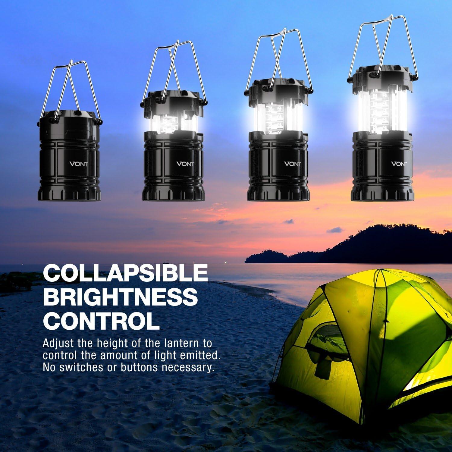 Vont 4 Pack LED Camping Lantern, LED Lantern, Suitable for Survival Kits  for Hurricane, Emergency Light, Storm, Outages, Outdoor Portable Lanterns,  Black, Collapsible, (Batteries Included) 