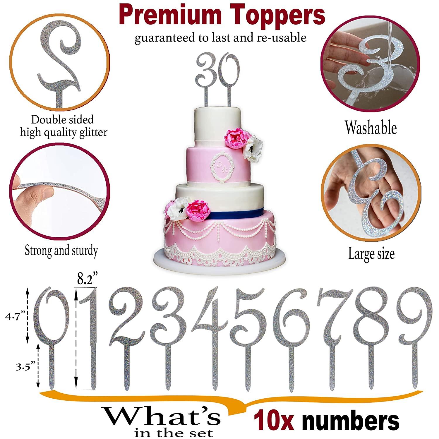 Silver Happy Birthday Cake Topper Numbers Set of 10 Acrylic Cake Toppers, Cake Decorations for